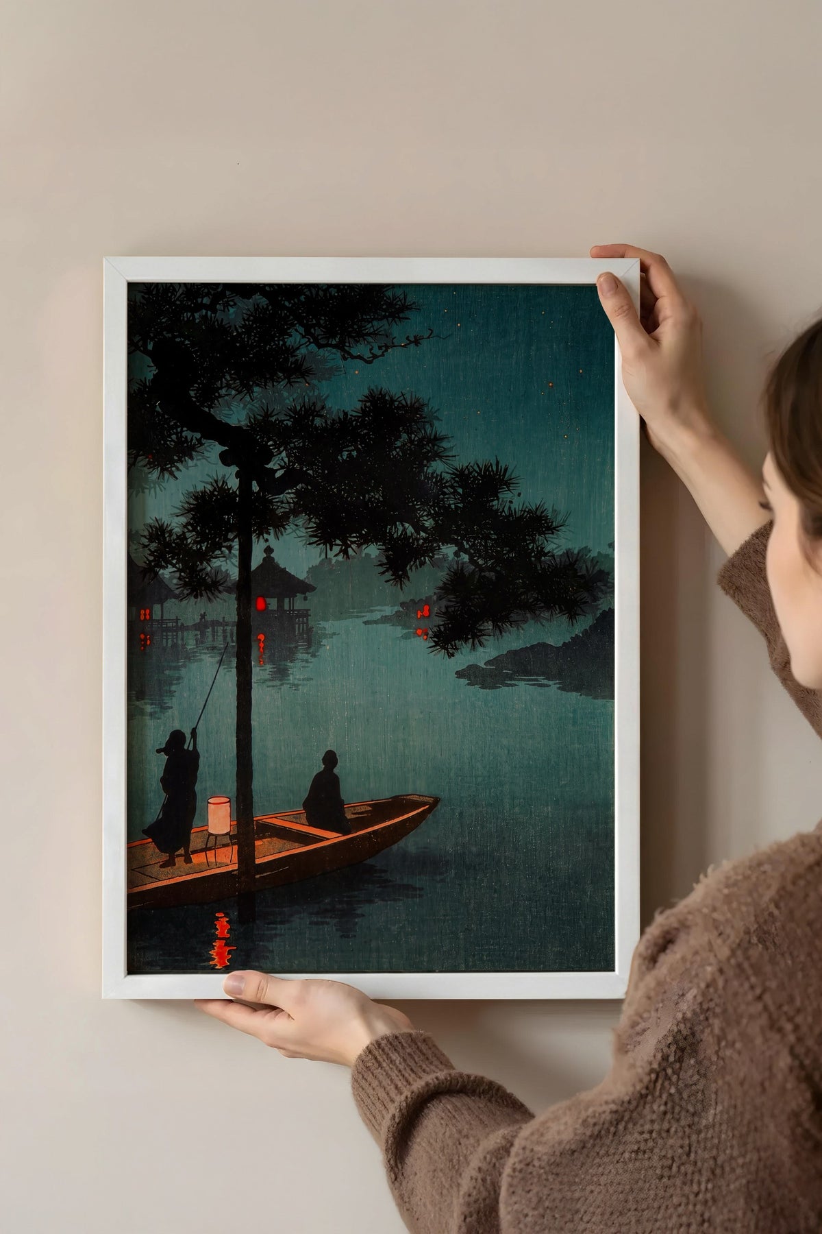 Ay Işığında Nehir Manzarası Poster – Beyaz Çerçeveli Tablo