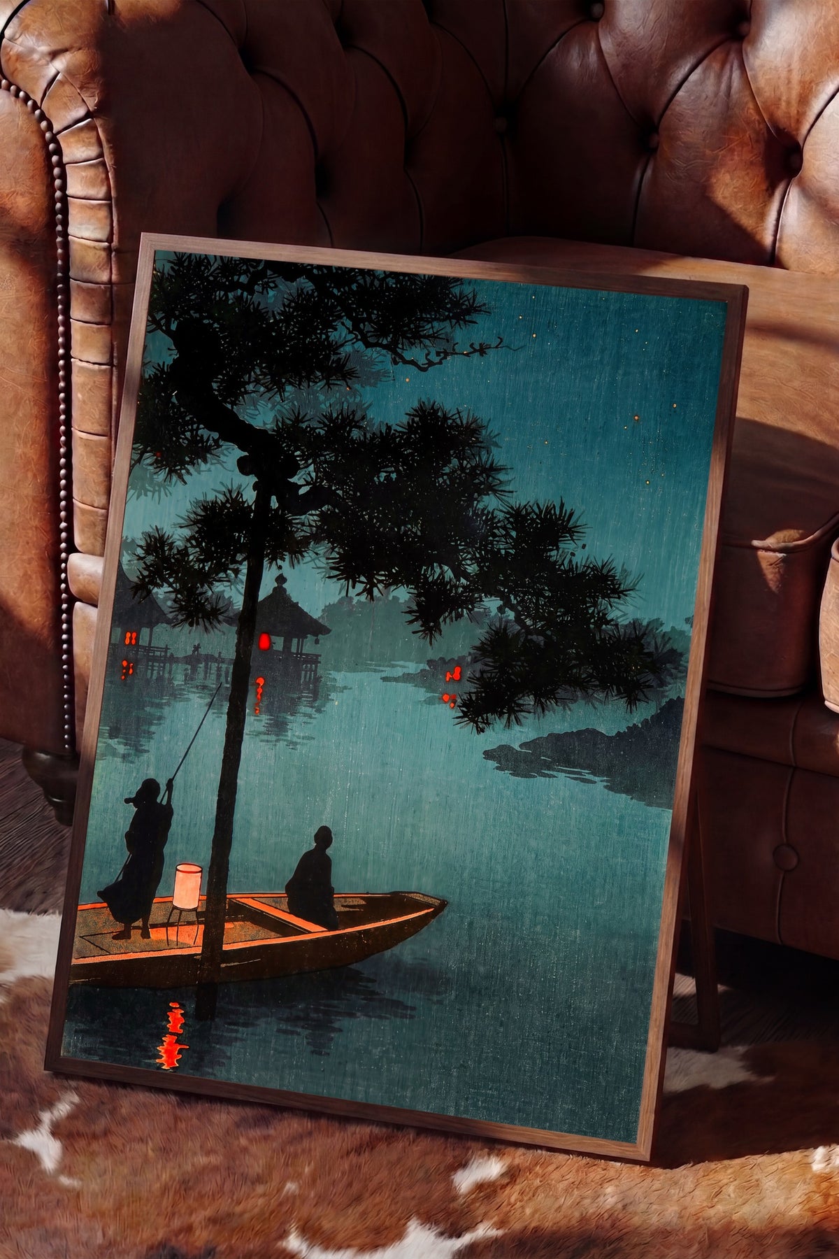 Ay Işığında Nehir Manzarası Poster – Kahverengi Çerçeveli Tablo