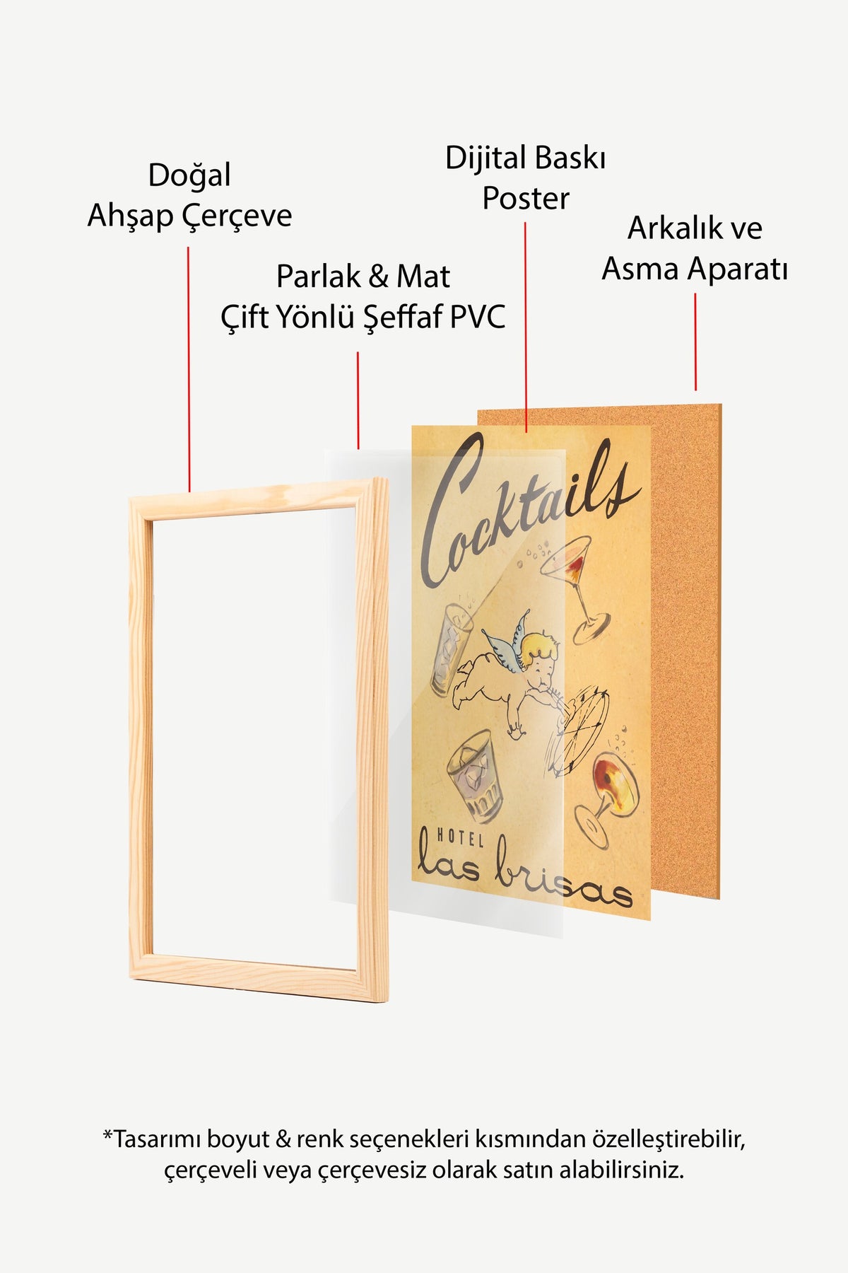Kanatlı Melek ve Kokteyl Bardakları Poster – Ahşap Çerçeveli Tablo
