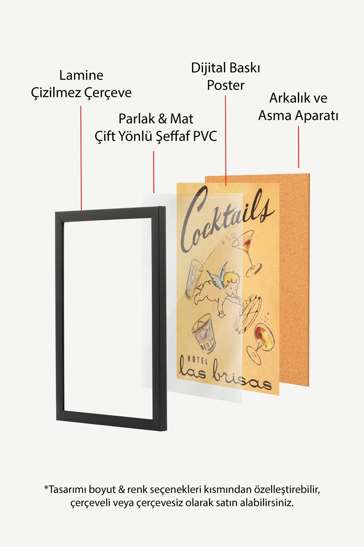 Kanatlı Melek ve Kokteyl Bardakları Poster – Siyah Çerçeveli Tablo