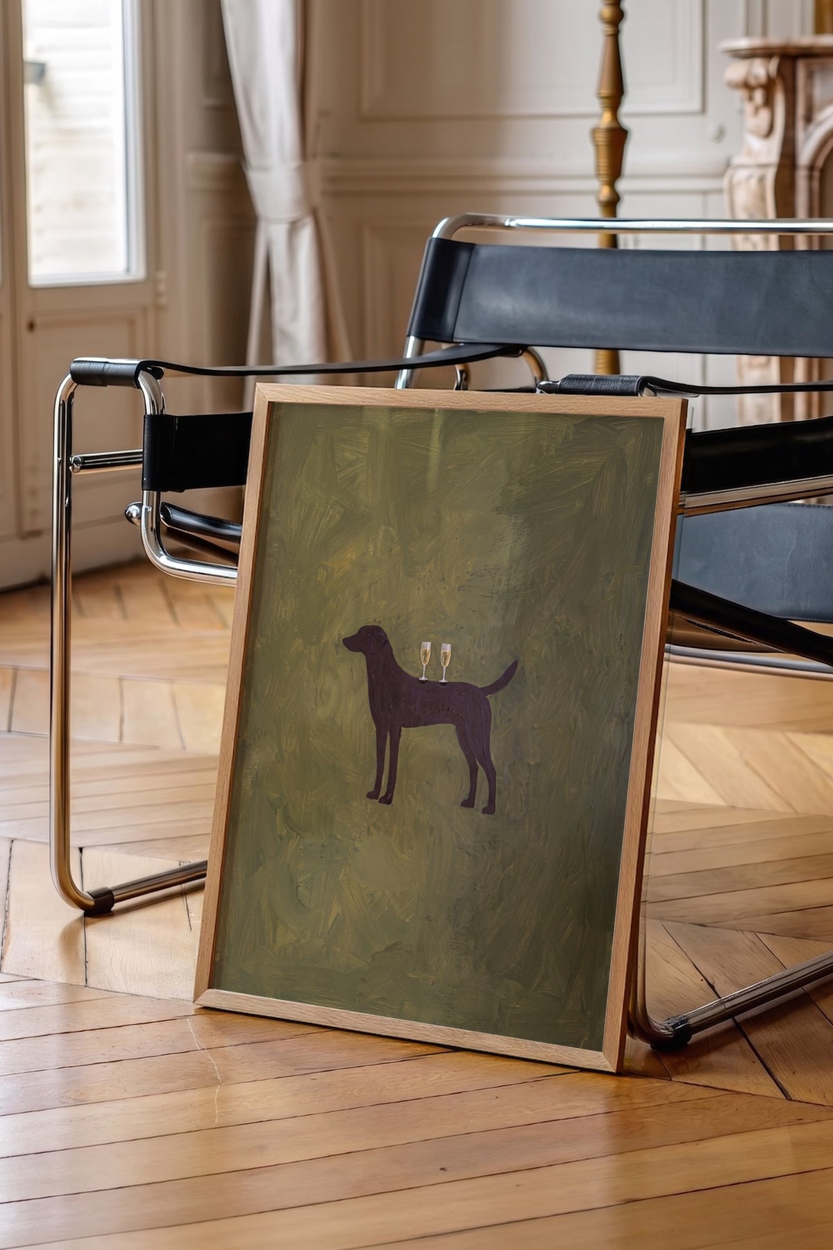 Kadeh Tutan Köpek Poster – Ahşap Çerçeveli Tablo