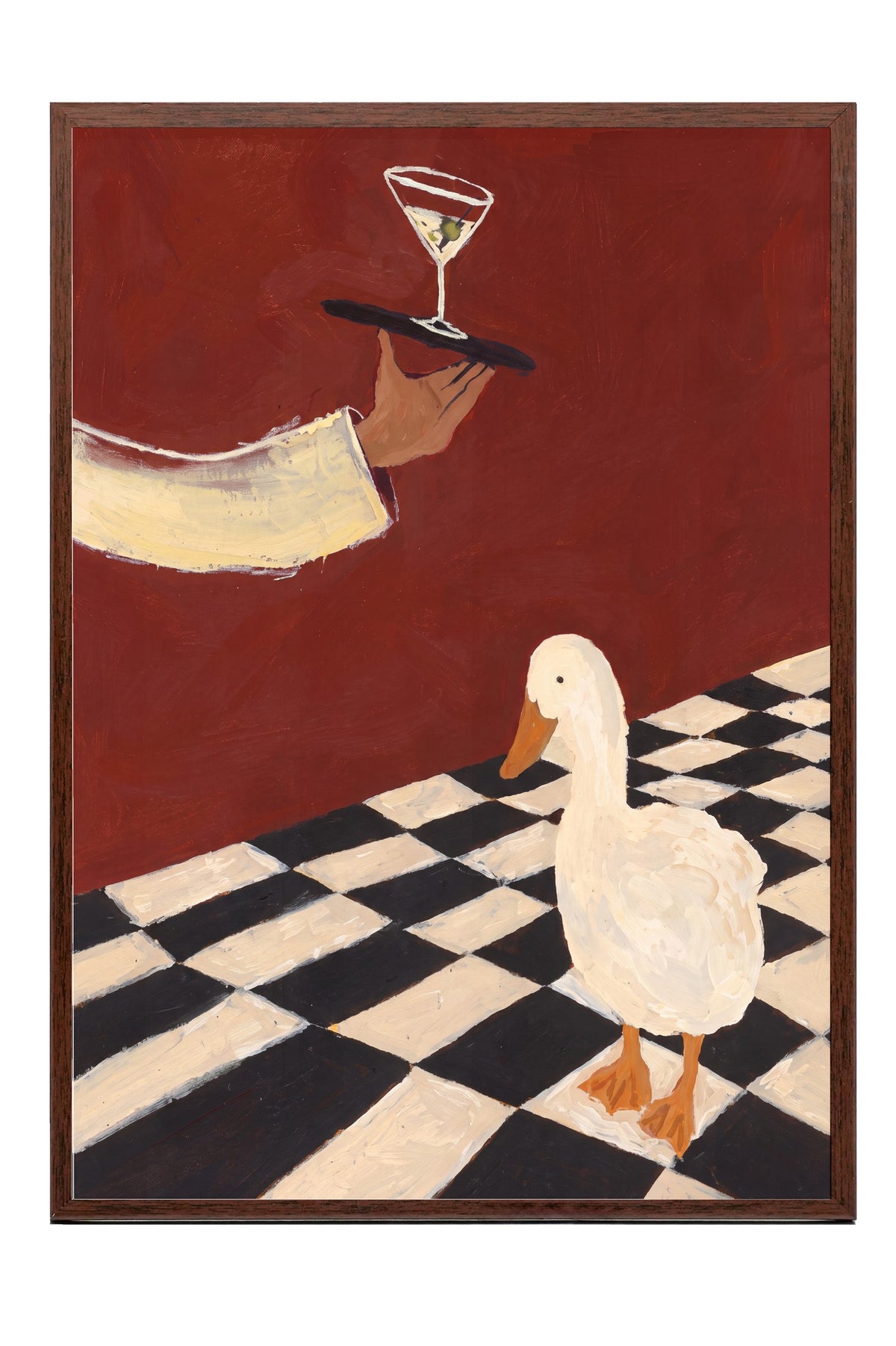Zarif Ördeğe Martini İkramı Poster – Kahverengi Çerçeveli Tablo