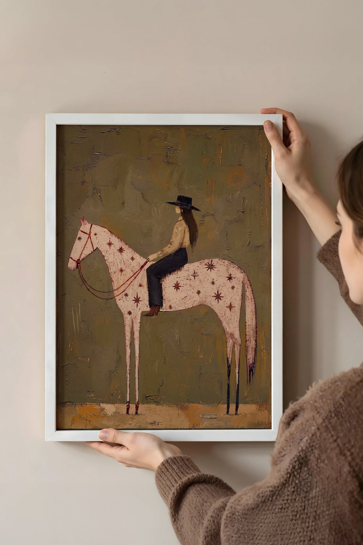 Yıldızlı At Üstünde Kovboy Kız Poster – Beyaz Çerçeveli Tablo