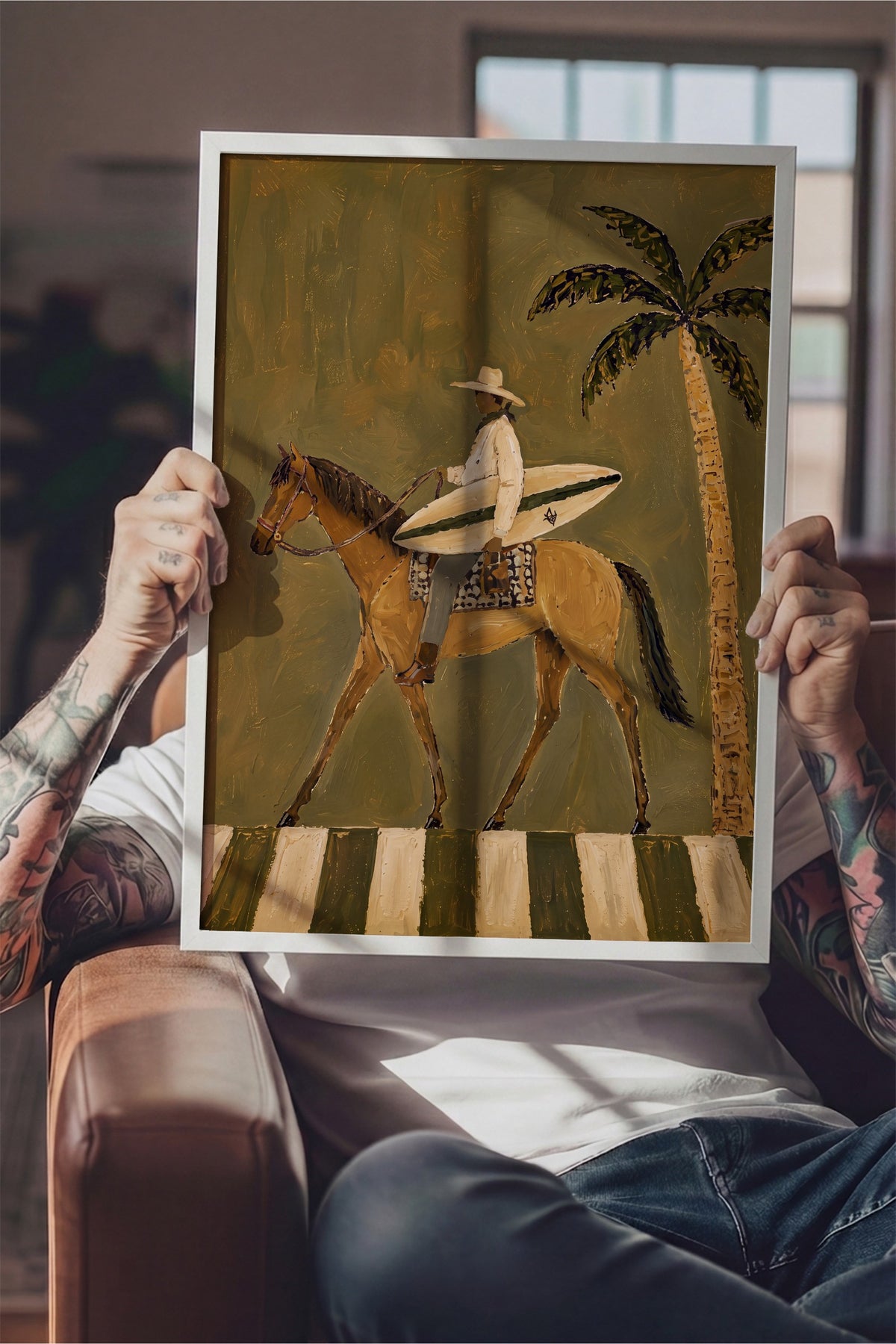 Sörf Tahtalı Kovboy Poster – Beyaz Çerçeveli Tablo