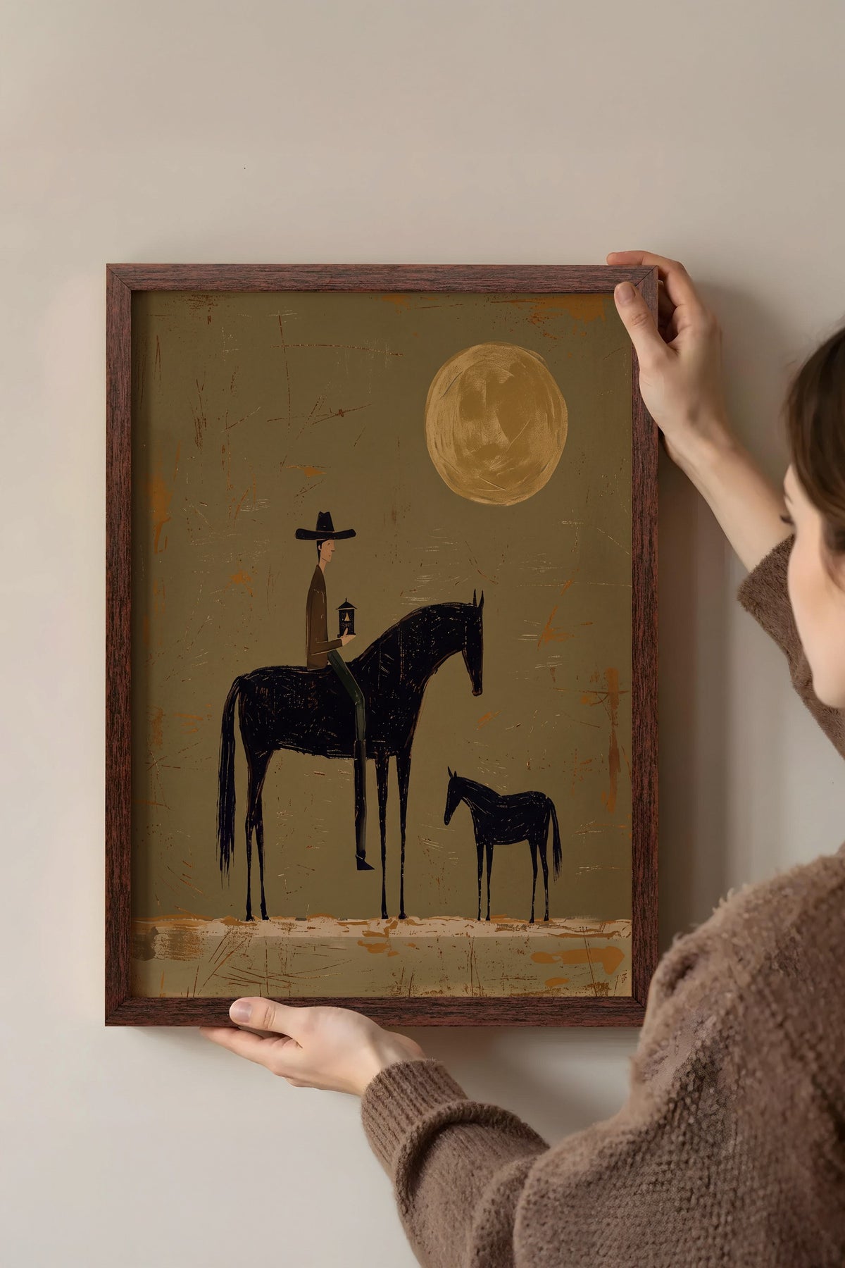 Ay Işığında Atlı Figür Poster – Kahverengi Çerçeveli Tablo