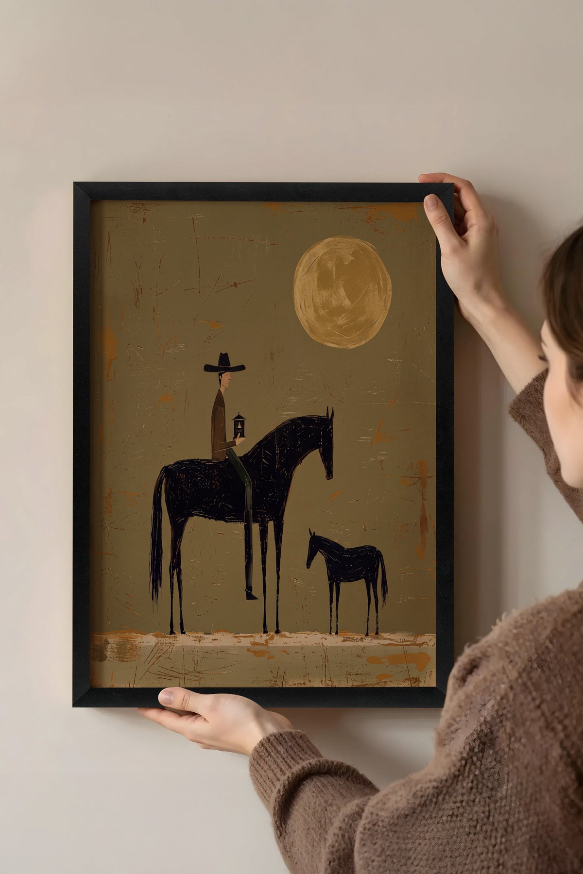 Ay Işığında Atlı Figür Poster – Siyah Çerçeveli Tablo