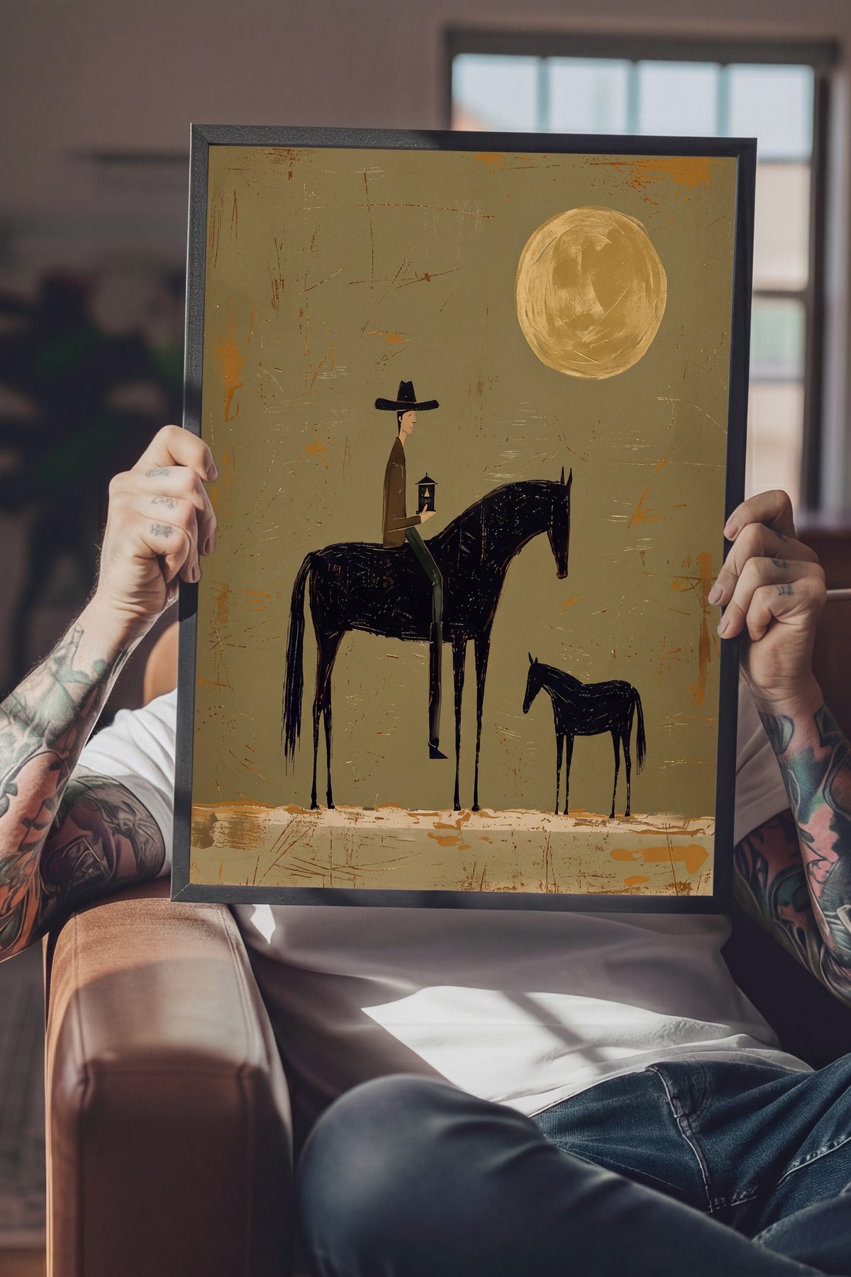 Ay Işığında Atlı Figür Poster – Siyah Çerçeveli Tablo