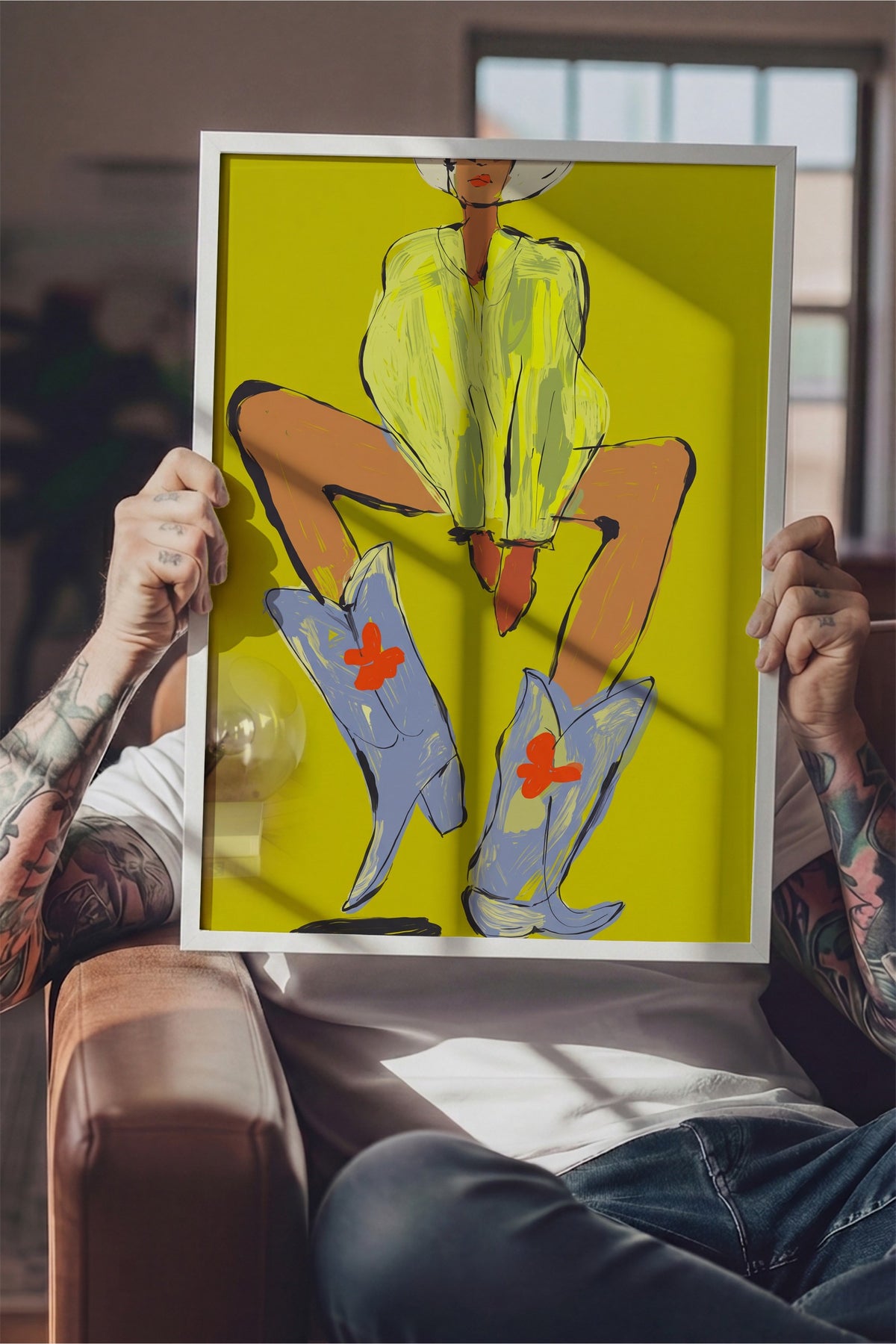 Kovboy Çizmeli Kadın İllüstrasyonu Poster – Beyaz Çerçeveli Tablo