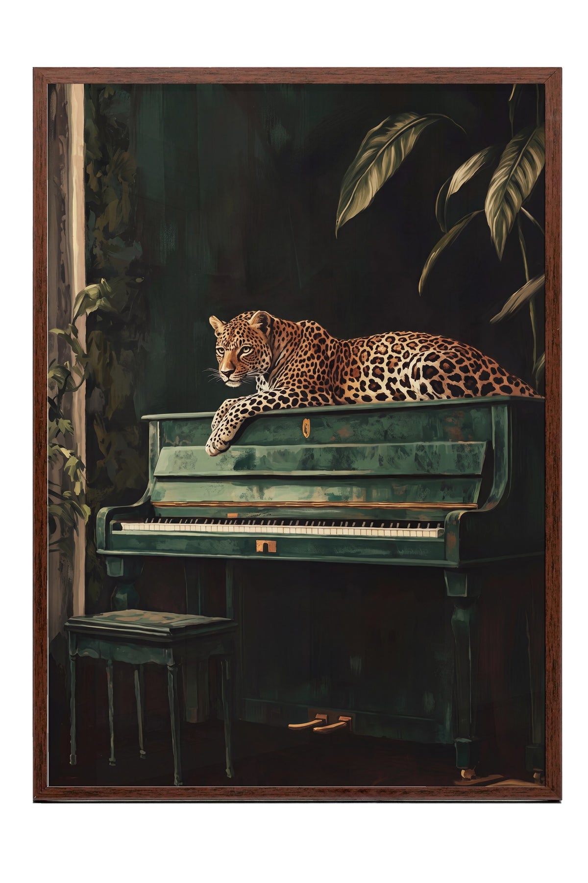 Piyanoda Uzanan Leopar Poster – Kahverengi Çerçeveli Tablo