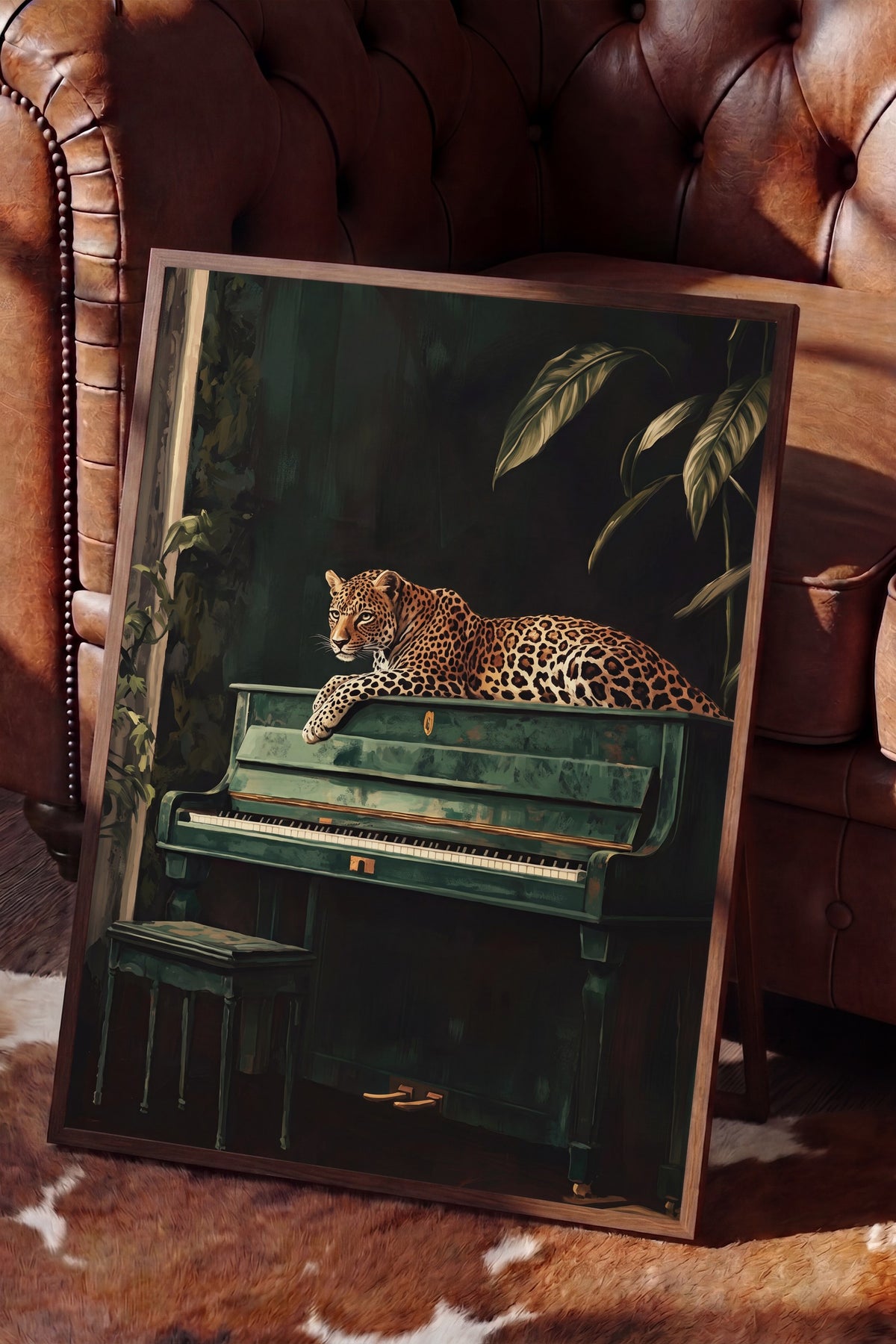 Piyanoda Uzanan Leopar Poster – Kahverengi Çerçeveli Tablo