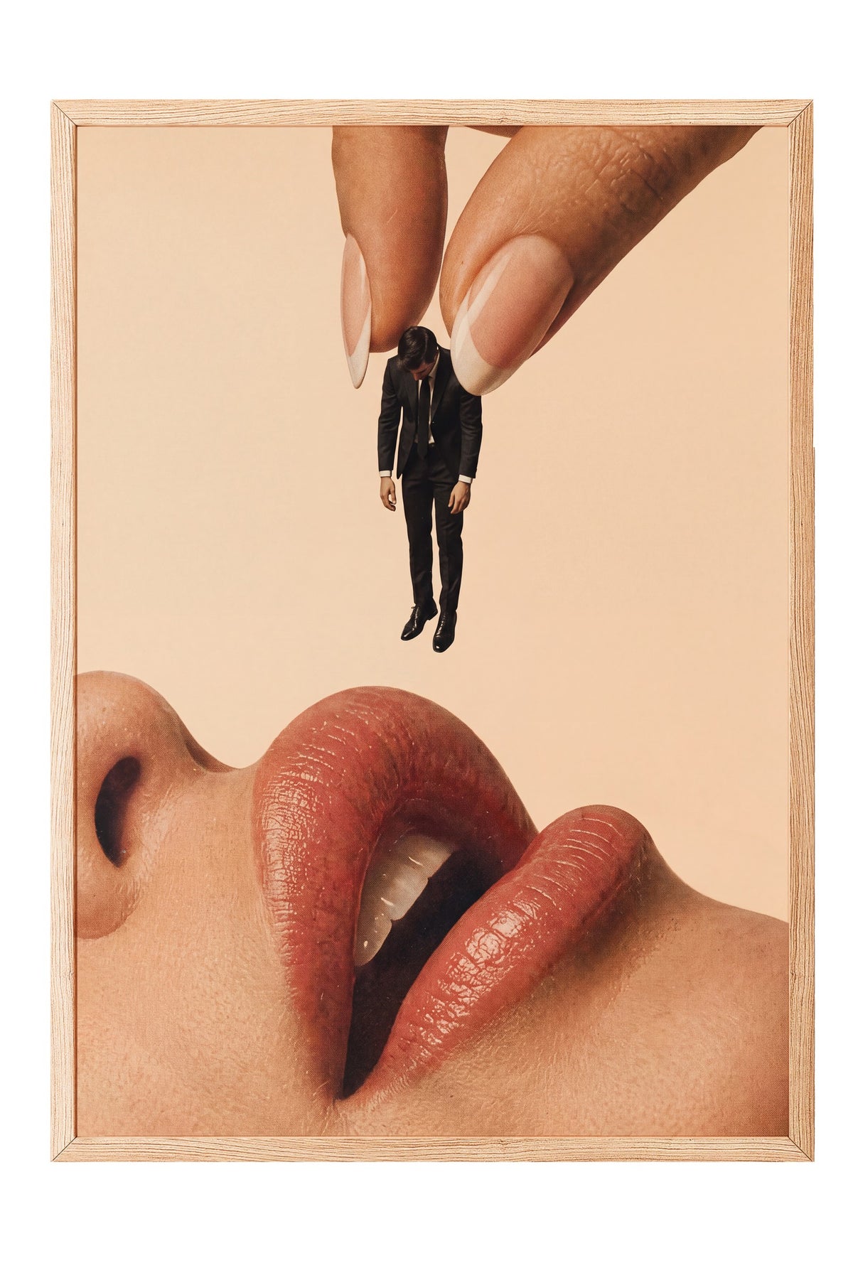 Dudaklar ve Küçük Adam Kolajı Poster – Ahşap Çerçeveli Tablo