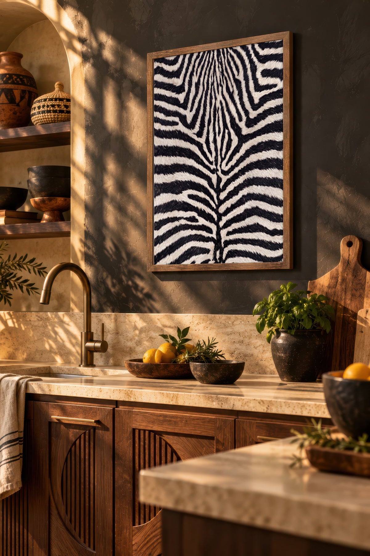 Zebra Deseni Doku Poster – Kahverengi Çerçeveli Tablo