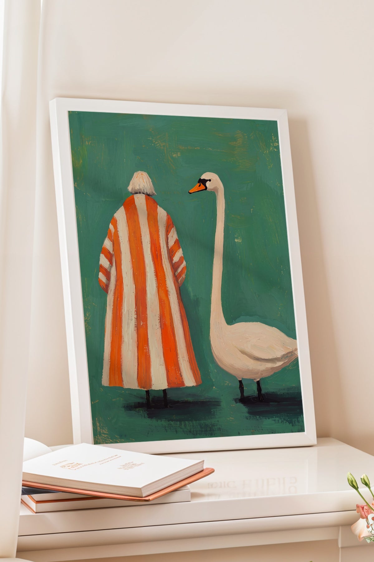Kuğu ile Çizgili Pelerinli Figür Poster – Beyaz Çerçeveli Tablo