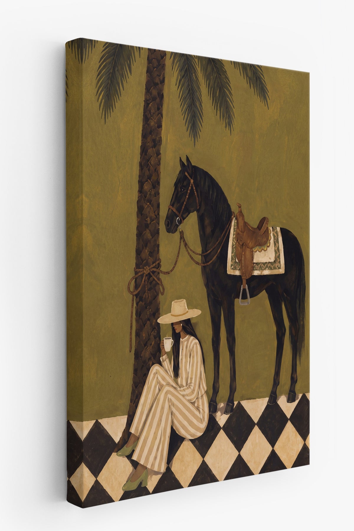 Palmiye Ağacı ve At Yanında Kadın Kanvas Tablo