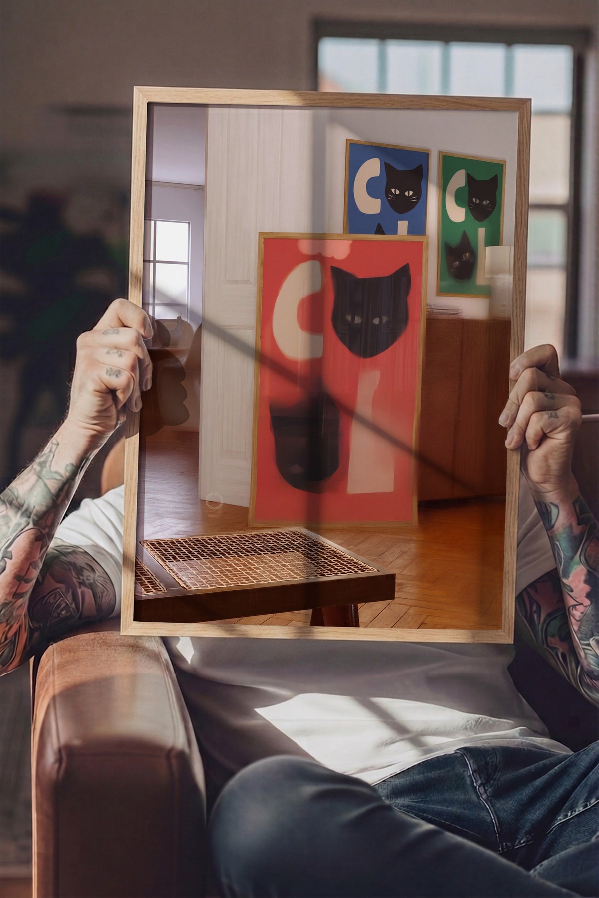Kedi Yüzlü Soyut Kompozisyon Poster – Ahşap Çerçeveli Tablo