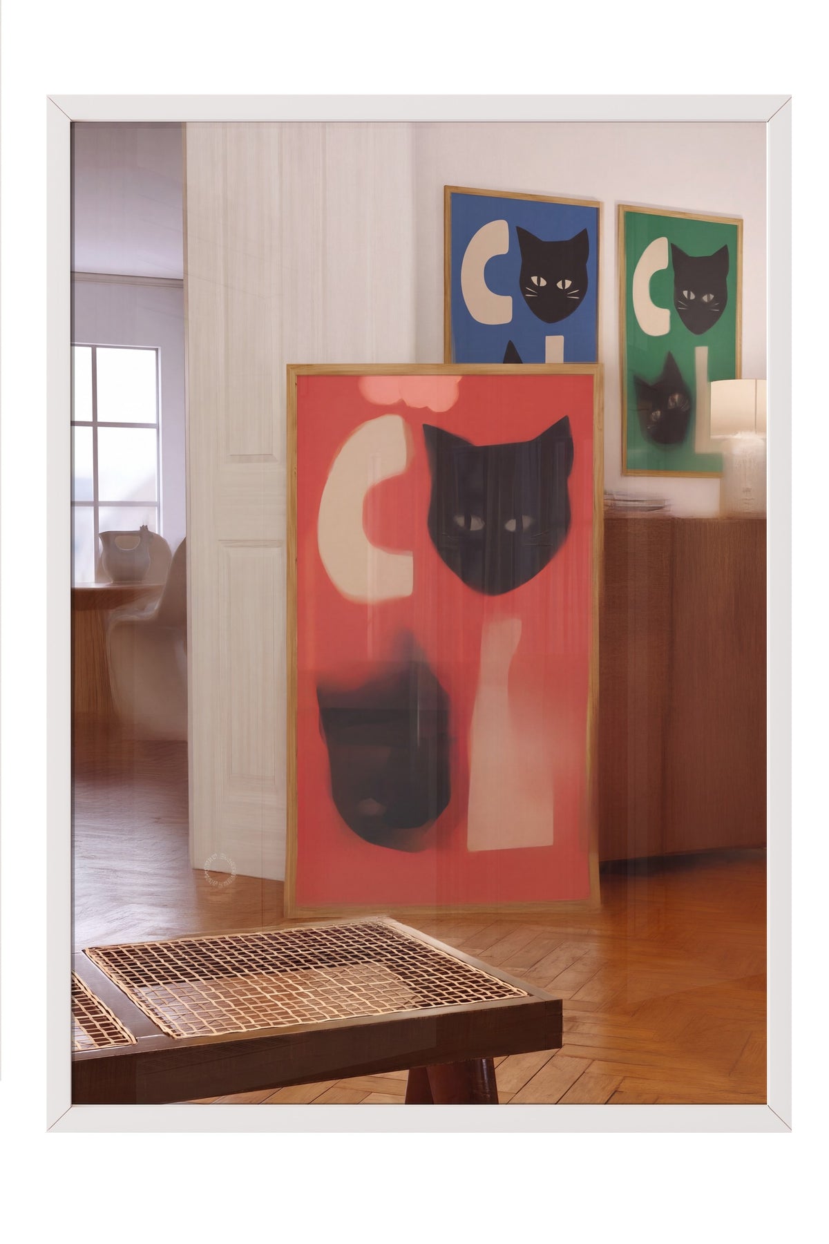 Kedi Yüzlü Soyut Kompozisyon Poster – Beyaz Çerçeveli Tablo