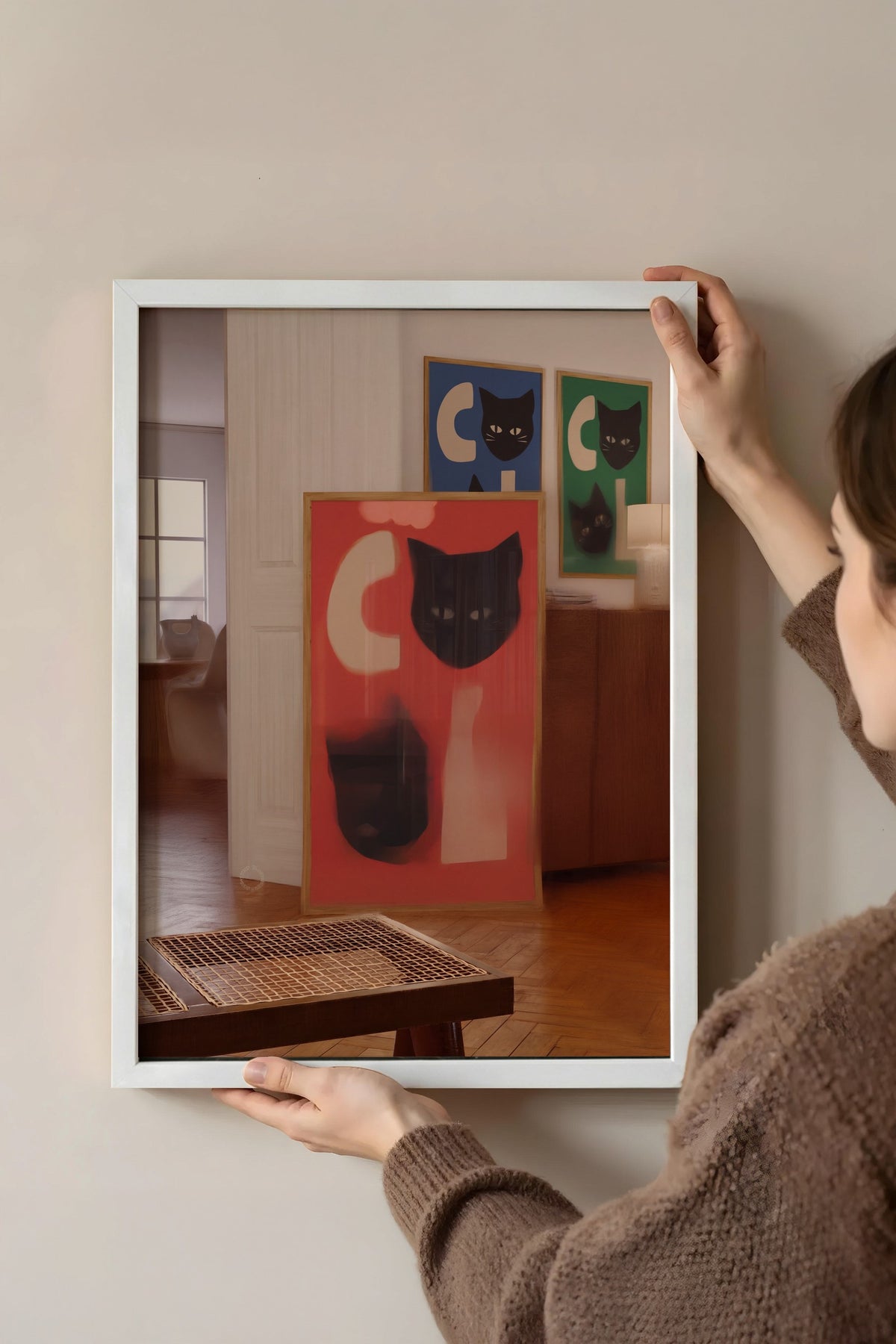 Kedi Yüzlü Soyut Kompozisyon Poster – Beyaz Çerçeveli Tablo
