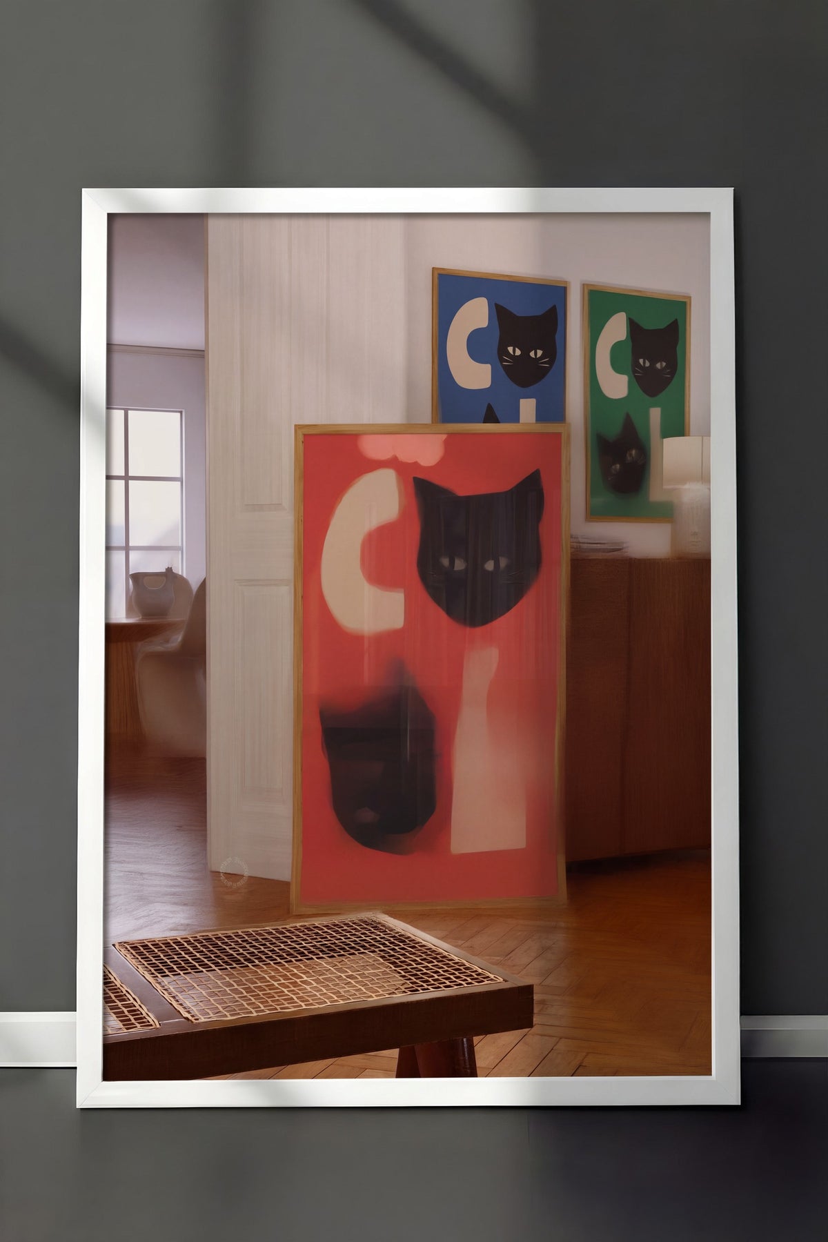 Kedi Yüzlü Soyut Kompozisyon Poster – Beyaz Çerçeveli Tablo