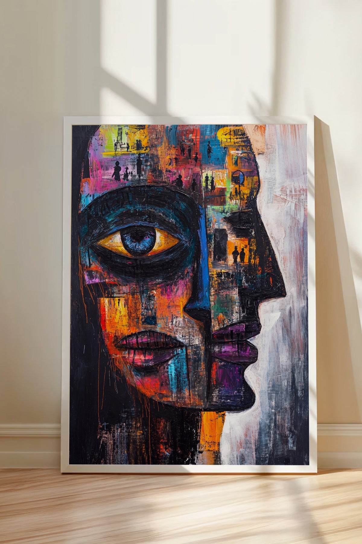 Renkli Yüz Portresi Soyut Sanat Poster – Beyaz Çerçeveli Tablo