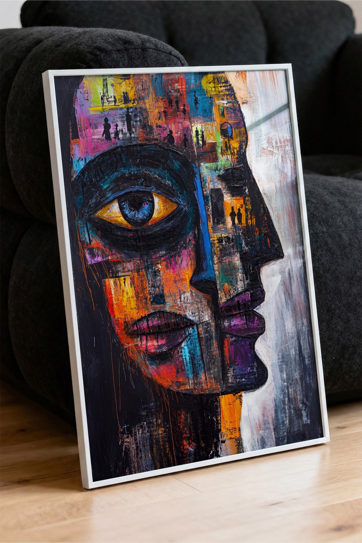Renkli Yüz Portresi Soyut Sanat Poster – Beyaz Çerçeveli Tablo