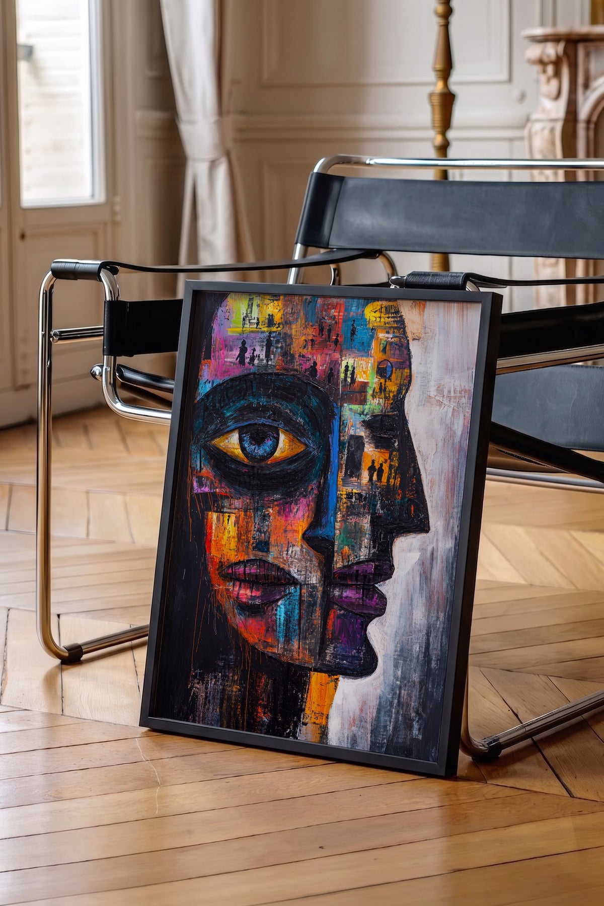 Renkli Yüz Portresi Soyut Sanat Poster – Siyah Çerçeveli Tablo