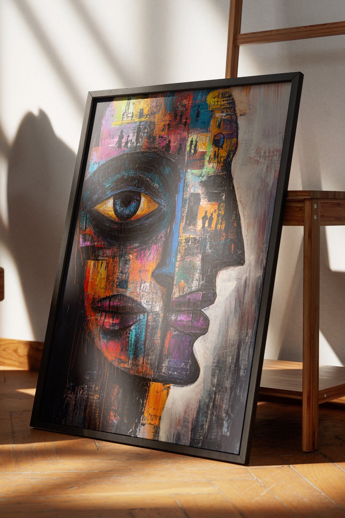 Renkli Yüz Portresi Soyut Sanat Poster – Siyah Çerçeveli Tablo