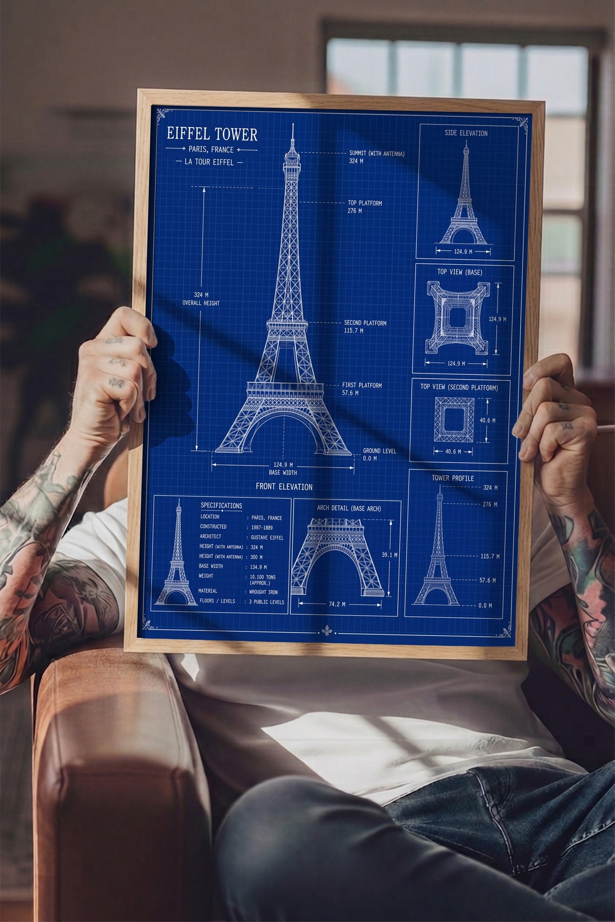 Eyfel Kulesi Mimari Çizim Şeması Poster – Ahşap Çerçeveli Tablo