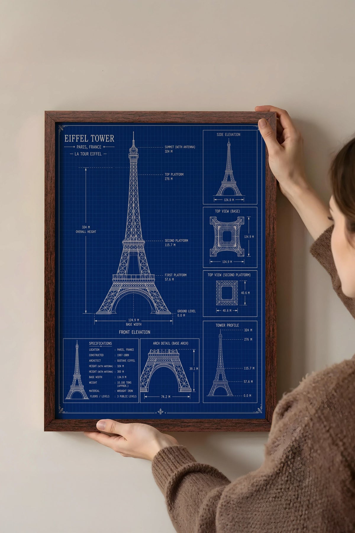 Eyfel Kulesi Mimari Çizim Şeması Poster – Kahverengi Çerçeveli Tablo