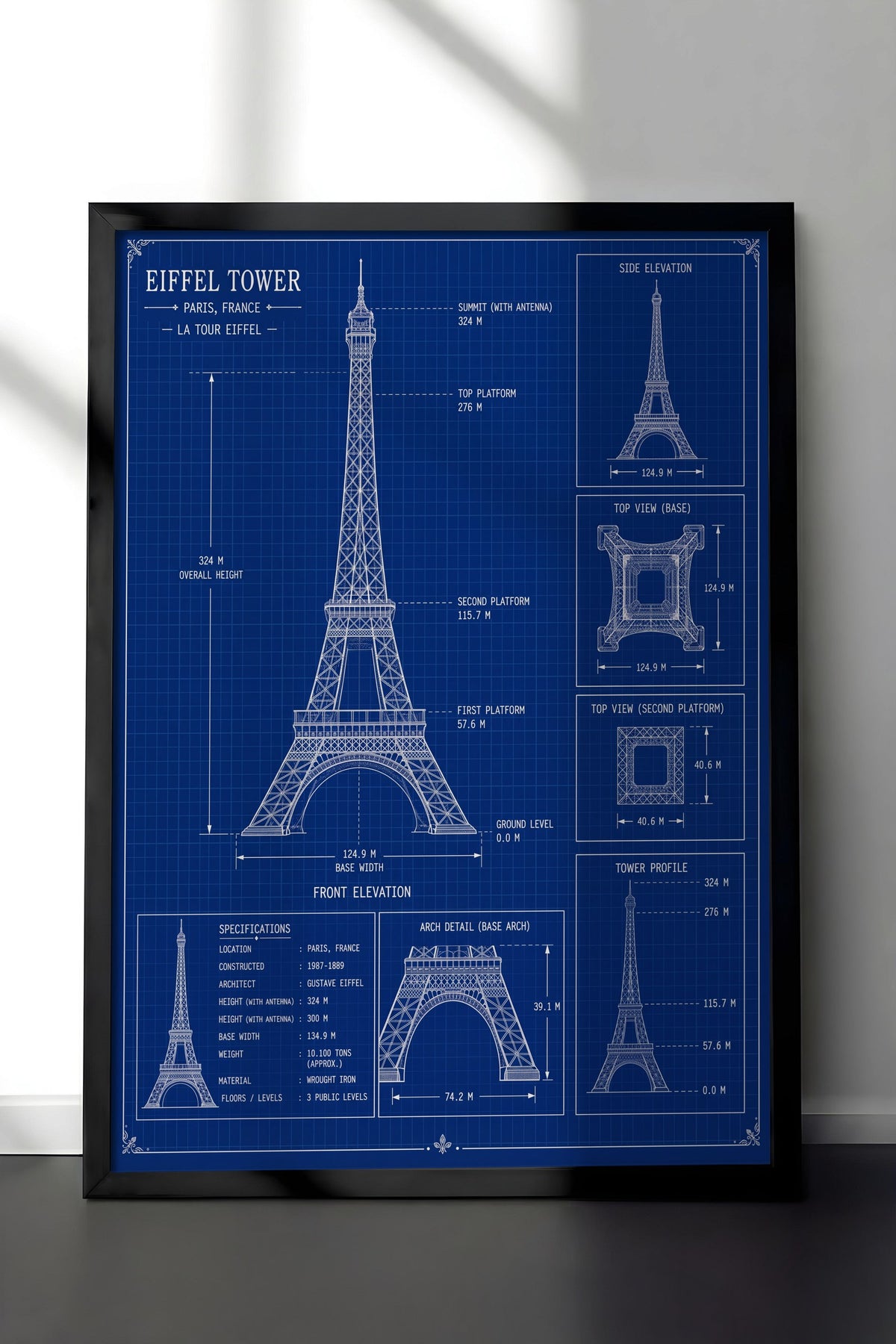 Eyfel Kulesi Mimari Çizim Şeması Poster – Siyah Çerçeveli Tablo