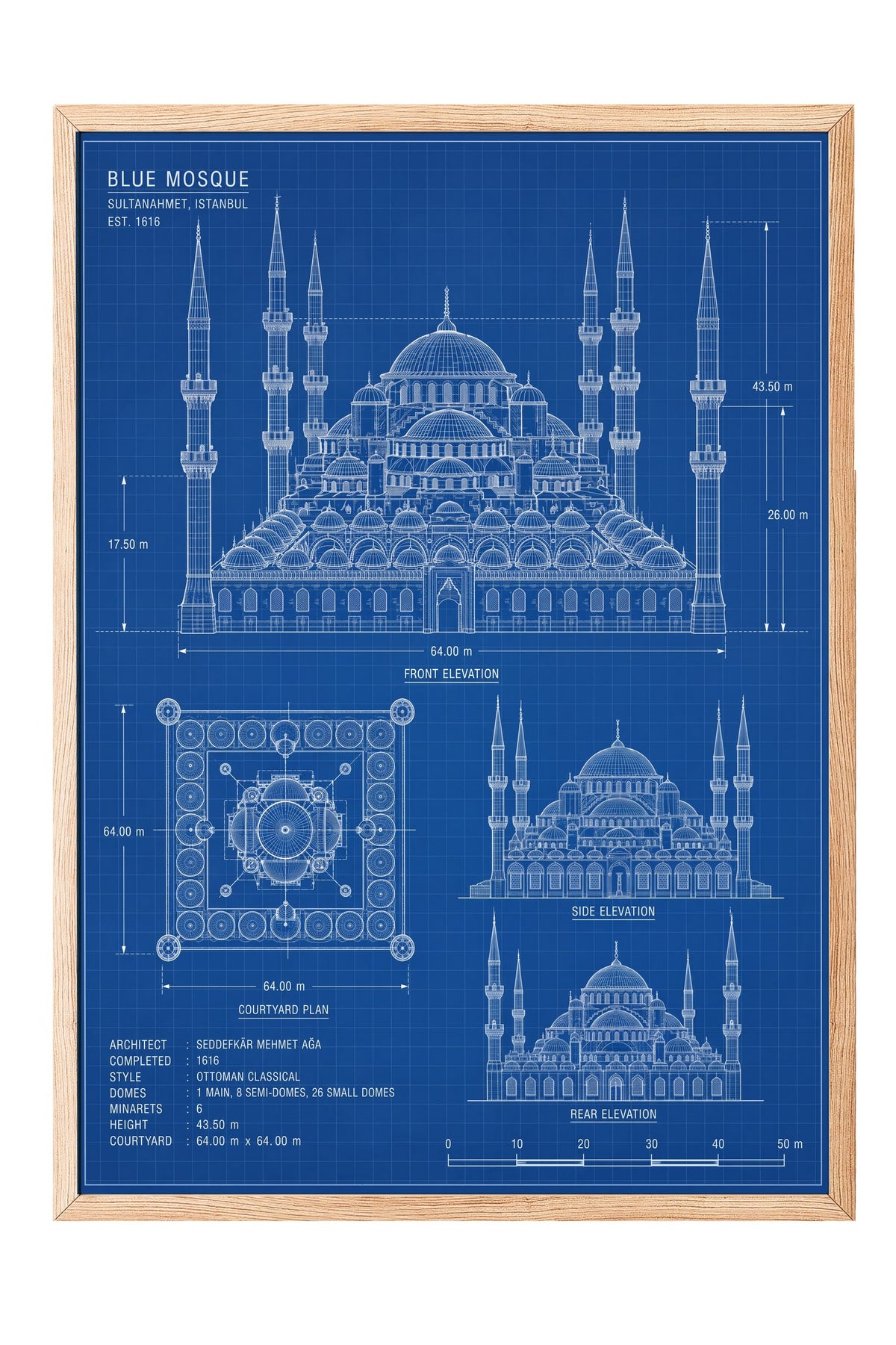 Sultanahmet Camii Mimari Çizimi Poster – Ahşap Çerçeveli Tablo