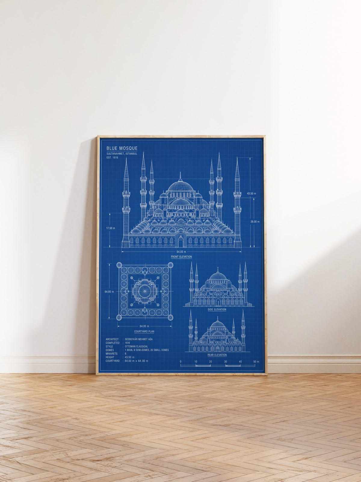 Sultanahmet Camii Mimari Çizimi Poster – Ahşap Çerçeveli Tablo