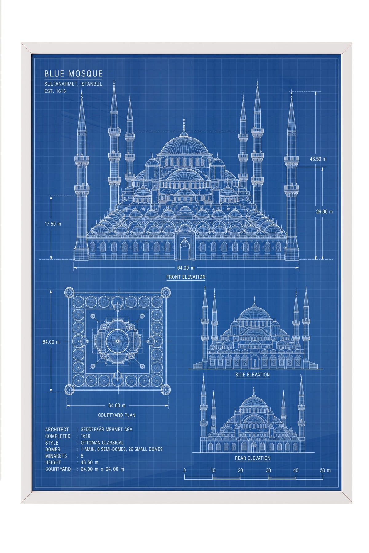 Sultanahmet Camii Mimari Çizimi Poster – Beyaz Çerçeveli Tablo