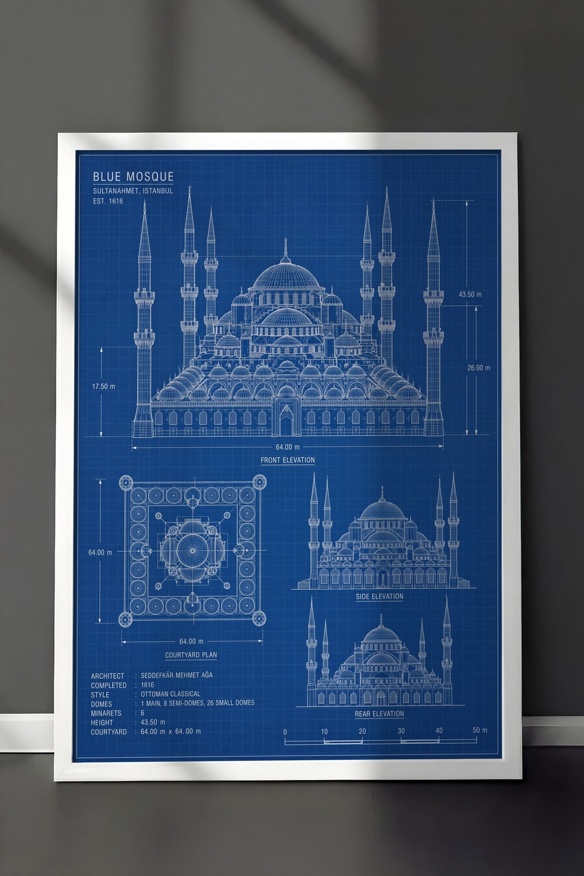 Sultanahmet Camii Mimari Çizimi Poster – Beyaz Çerçeveli Tablo