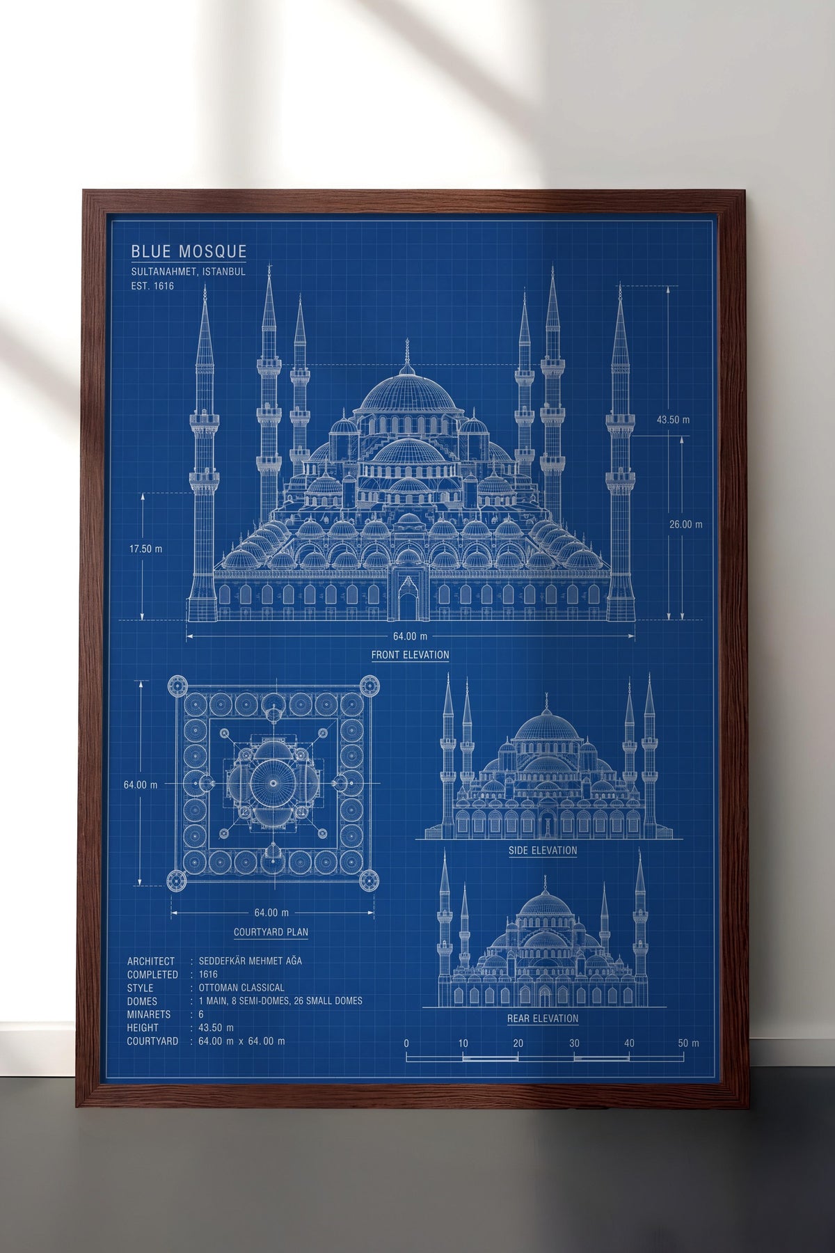 Sultanahmet Camii Mimari Çizimi Poster – Kahverengi Çerçeveli Tablo