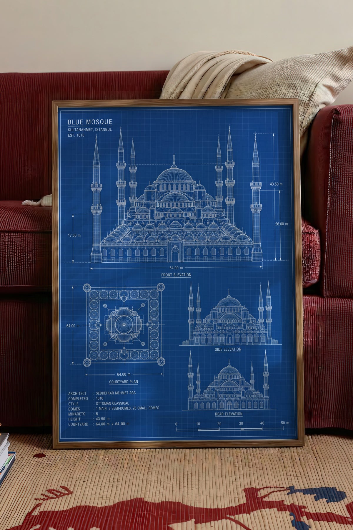 Sultanahmet Camii Mimari Çizimi Poster – Kahverengi Çerçeveli Tablo