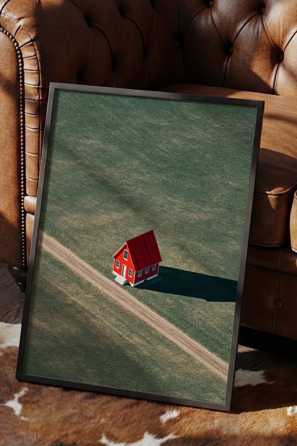Kırsalda Yalnız Kırmızı Ev Poster – Siyah Çerçeveli Tablo