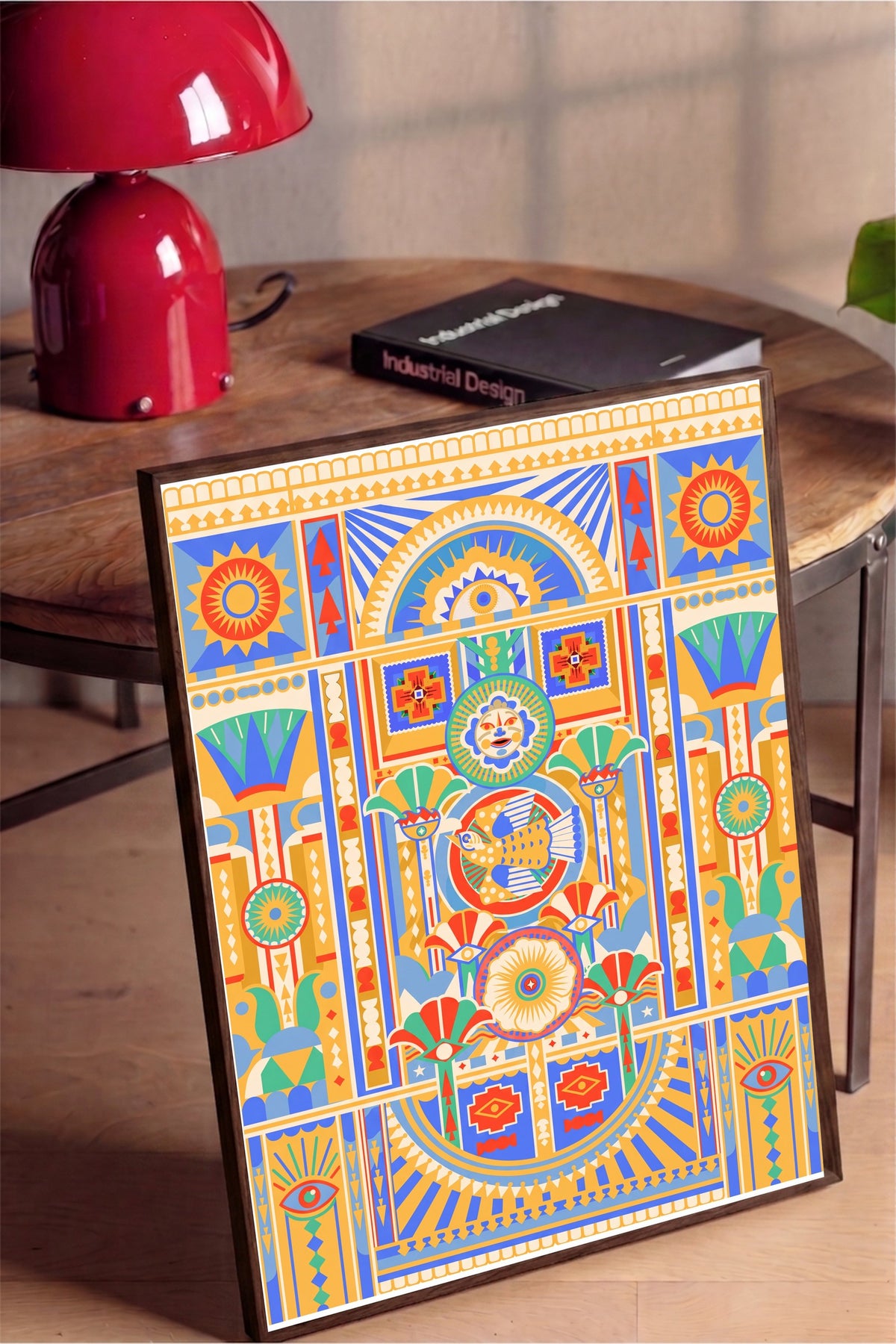 Antik Mısır Motifli Simetrik Desen Poster – Kahverengi Çerçeveli Tablo