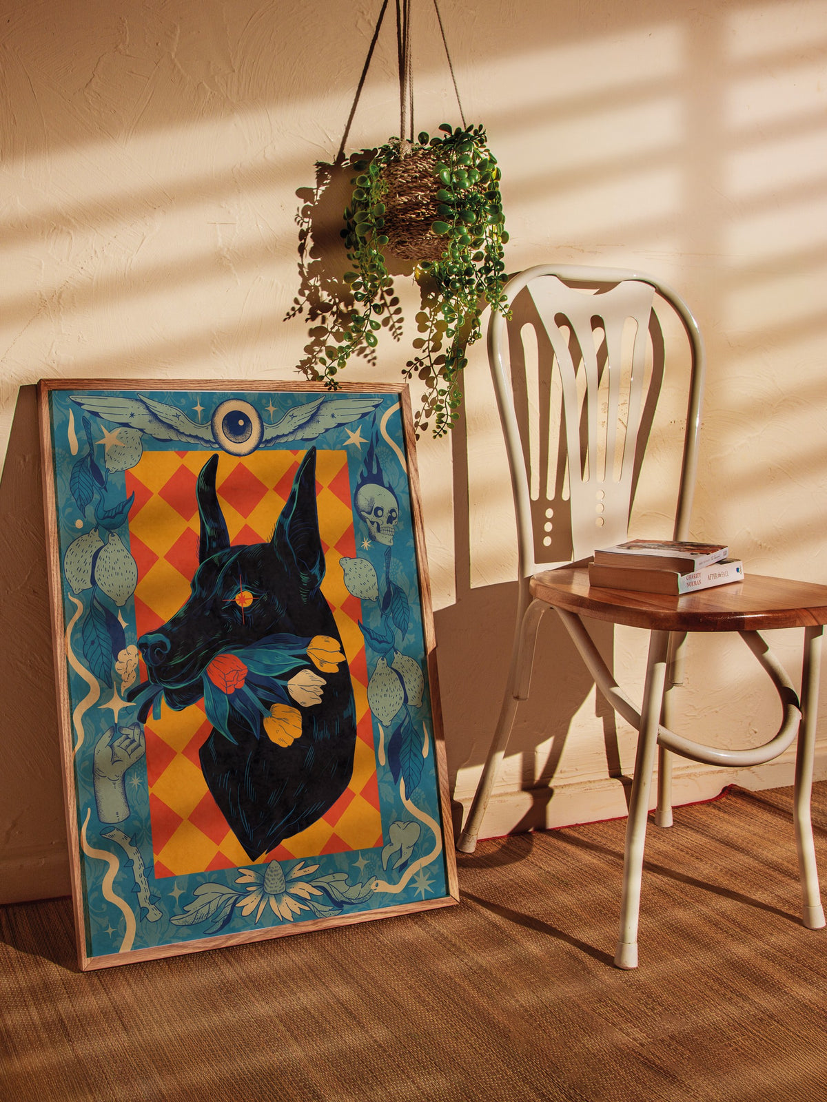 Çiçekli Doberman Portresi Poster – Ahşap Çerçeveli Tablo