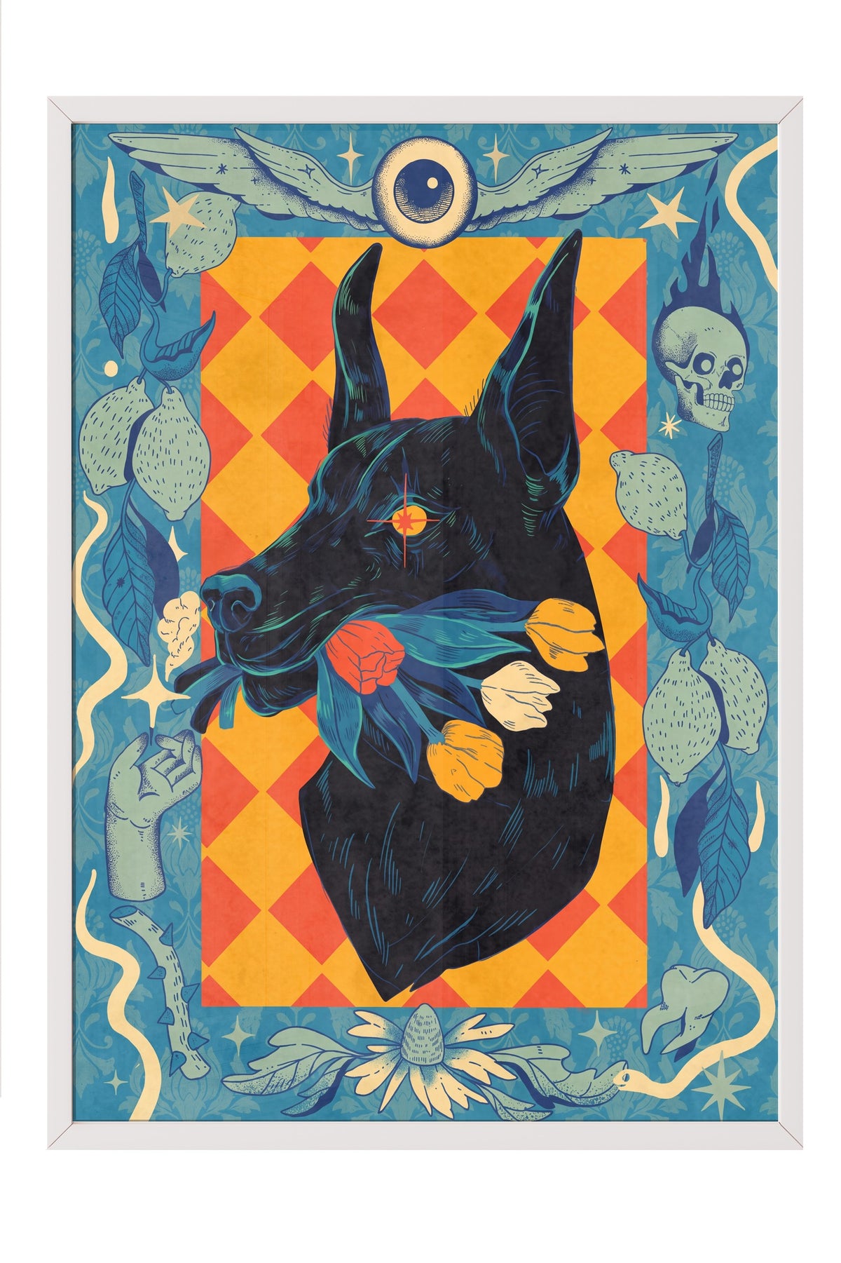 Çiçekli Doberman Portresi Poster – Beyaz Çerçeveli Tablo