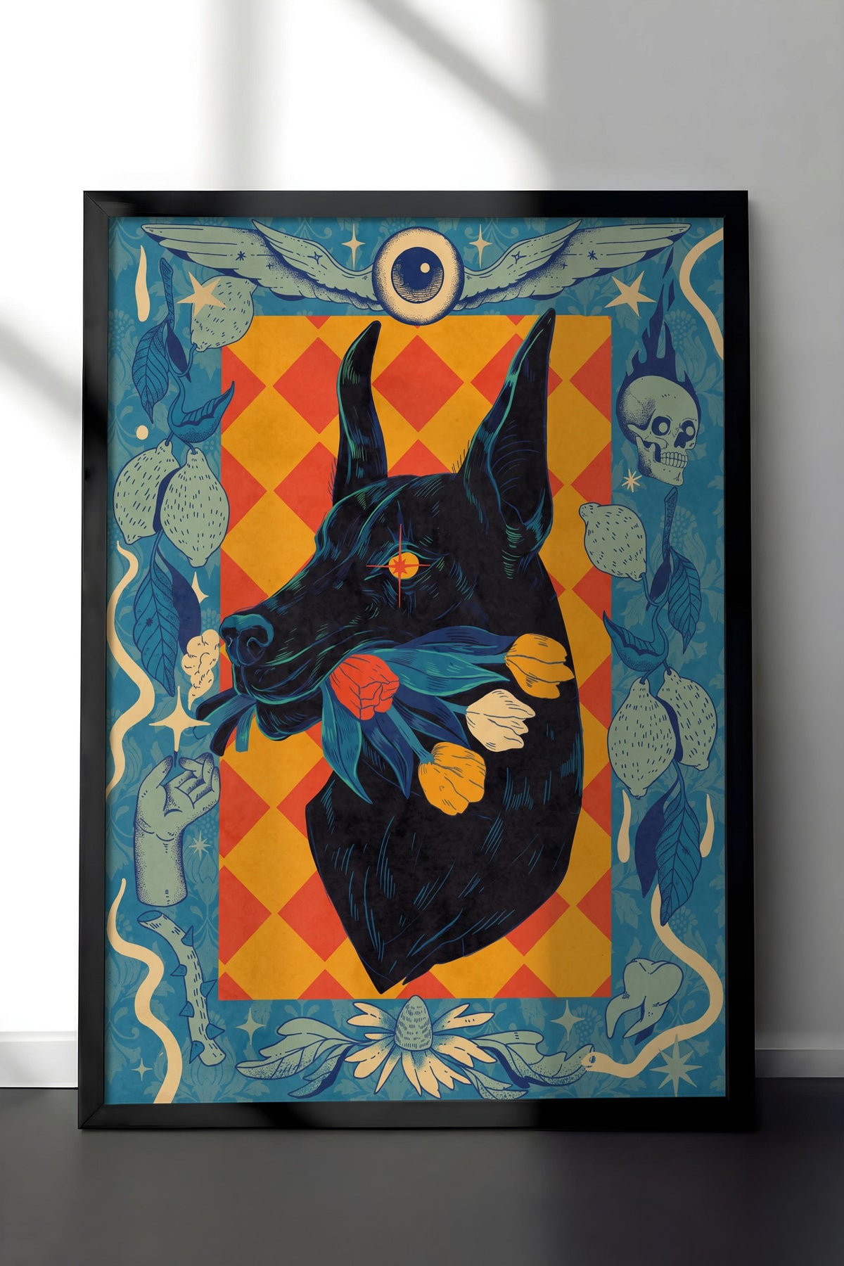 Çiçekli Doberman Portresi Poster – Siyah Çerçeveli Tablo