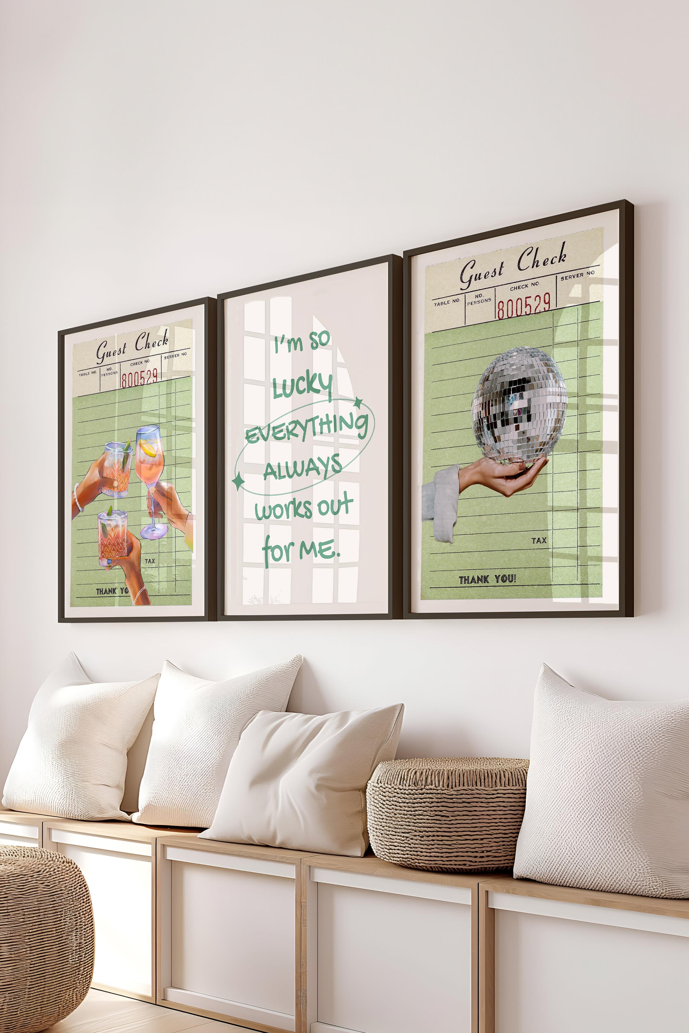 Yeşil Modern Tablo Seti, 3 Adet Siyah Çerçeve ve Poster - Salon, Mutfak, Yatak Odası Duvar Dekoru