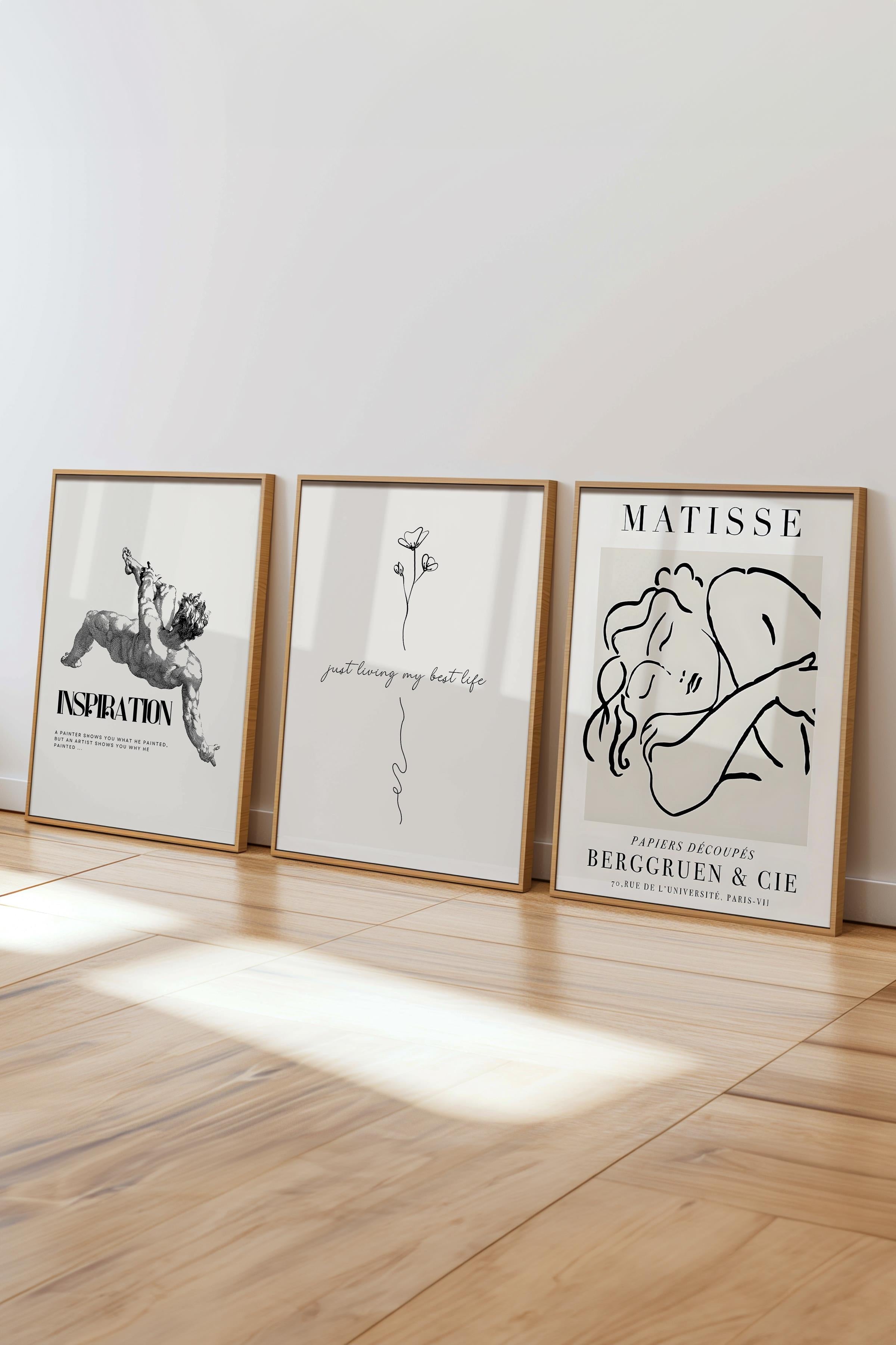 Bej Modern Tablo Seti, 3 Adet Ahşap Çerçeve ve Poster, Motivasyon ve Matisse Duvar Dekoru