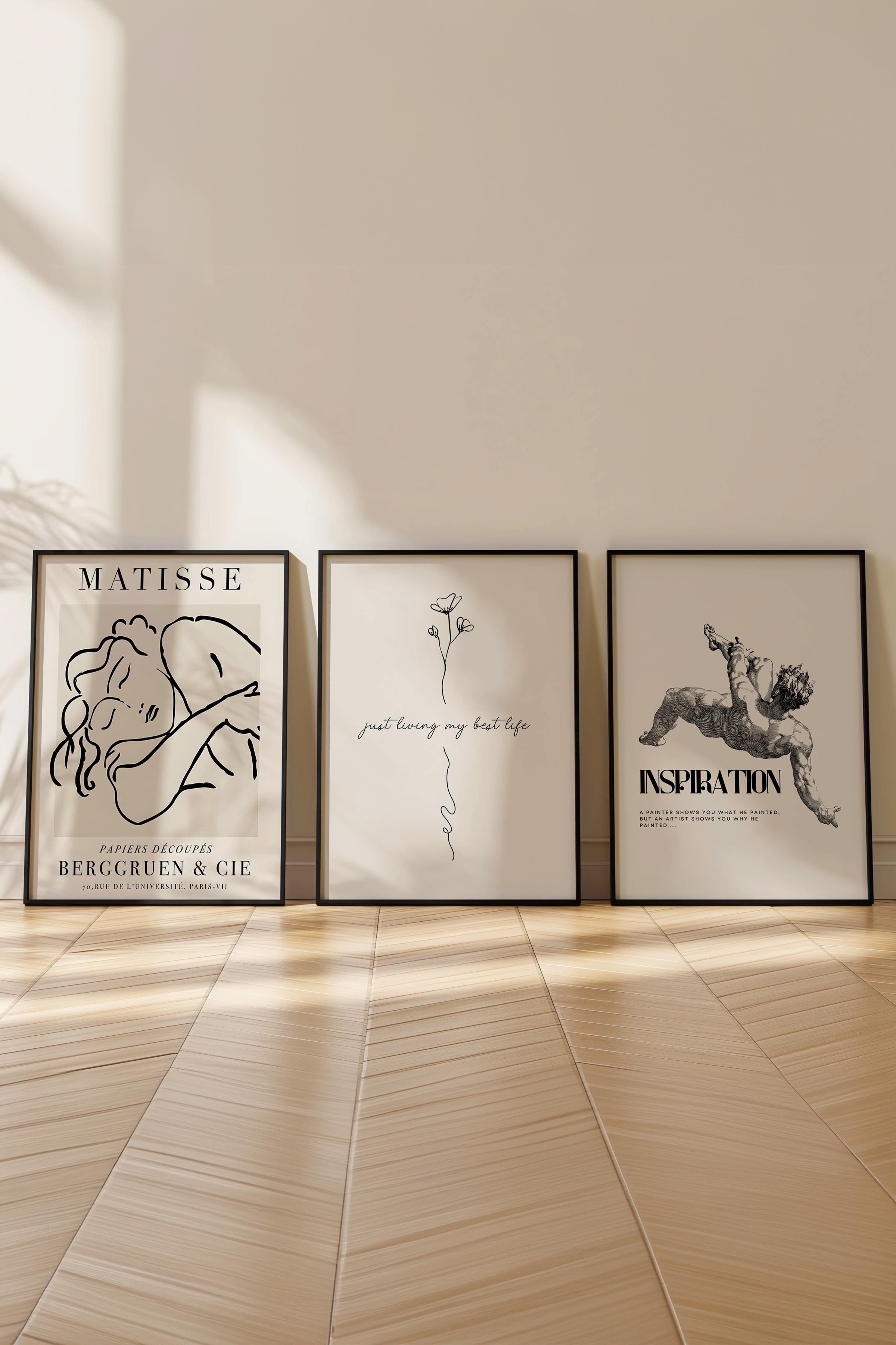 Bej Modern Tablo Seti, 3 Adet Siyah Çerçeve ve Poster, Motivasyon ve Matisse Duvar Dekoru