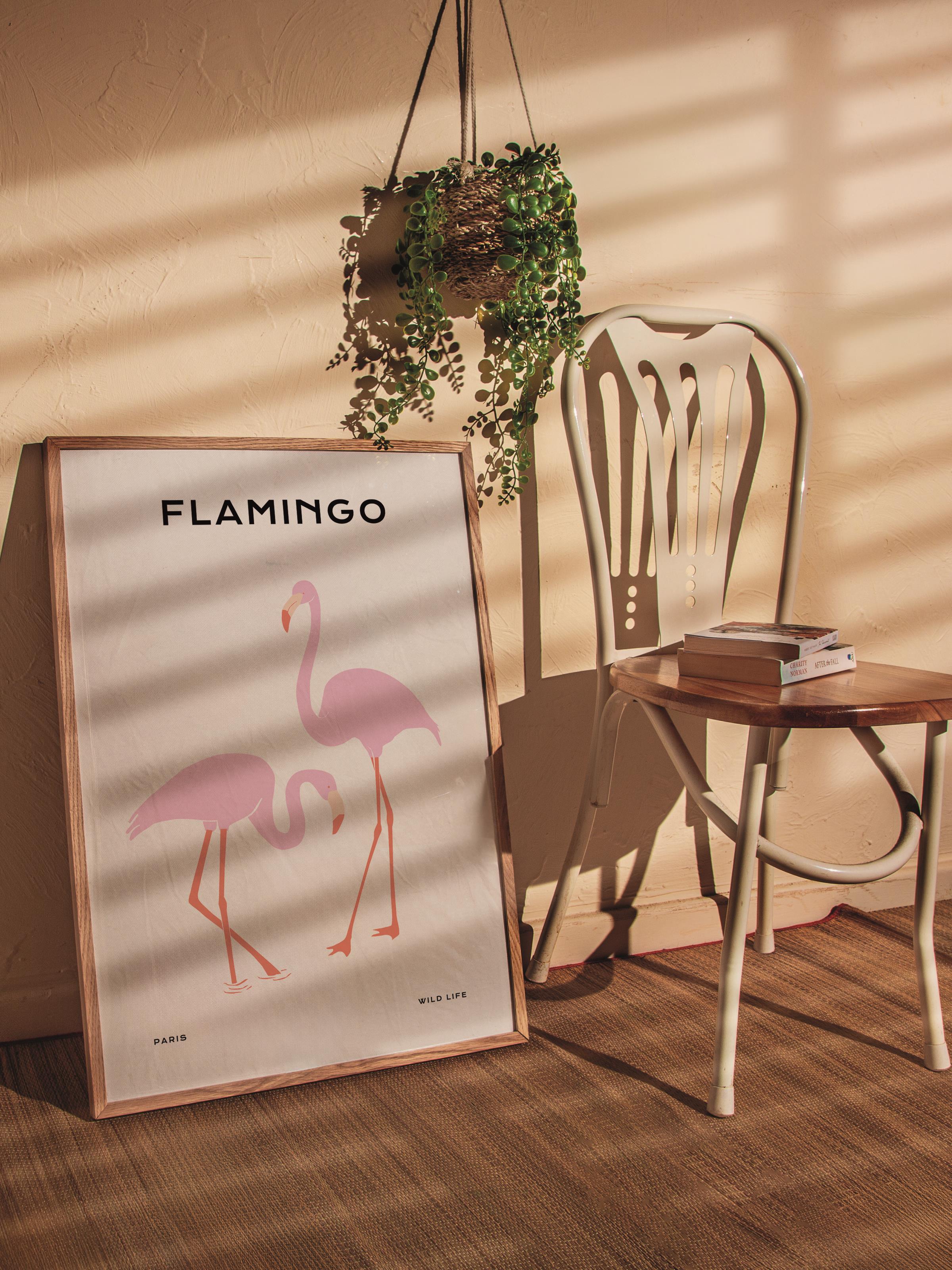 Pembe Modern Tablo Seti, 3 Adet Ahşap Çerçeve ve Poster, Flamingo Posterli Duvar Dekoru