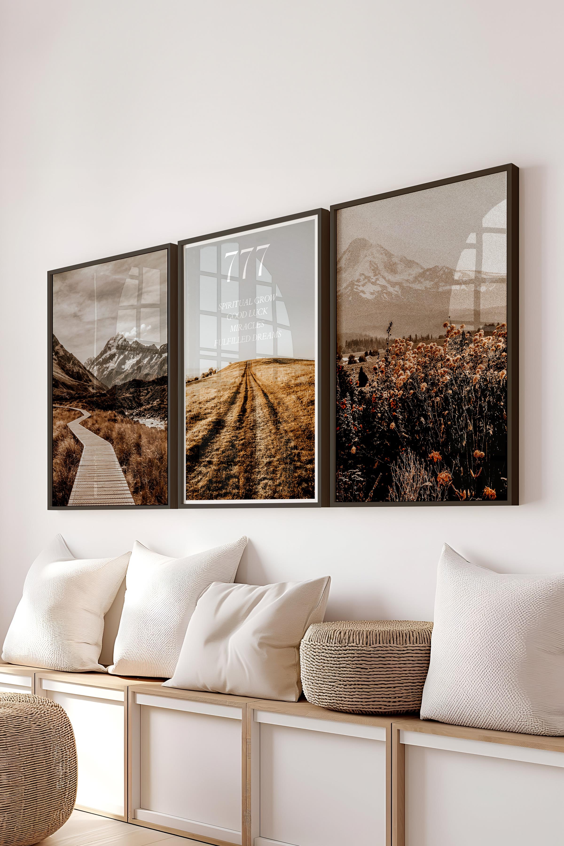 Vintage Manzara Tablo Seti, 3 Adet Siyah Çerçeve ve Poster - Salon, Mutfak, Yatak Odası Duvar Dekor