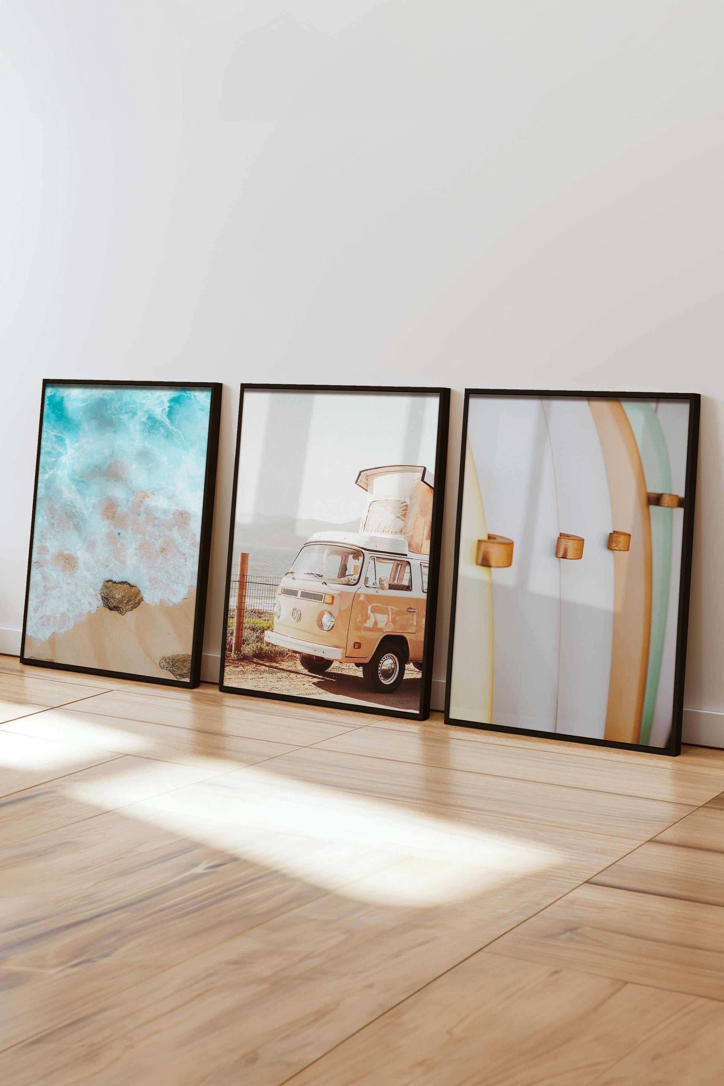 Yaz Temalı Tablo Seti, 3 Adet Siyah Çerçeve ve Mavi Poster - Yatak Odası, Mutfak, Salon Duvar Dekor