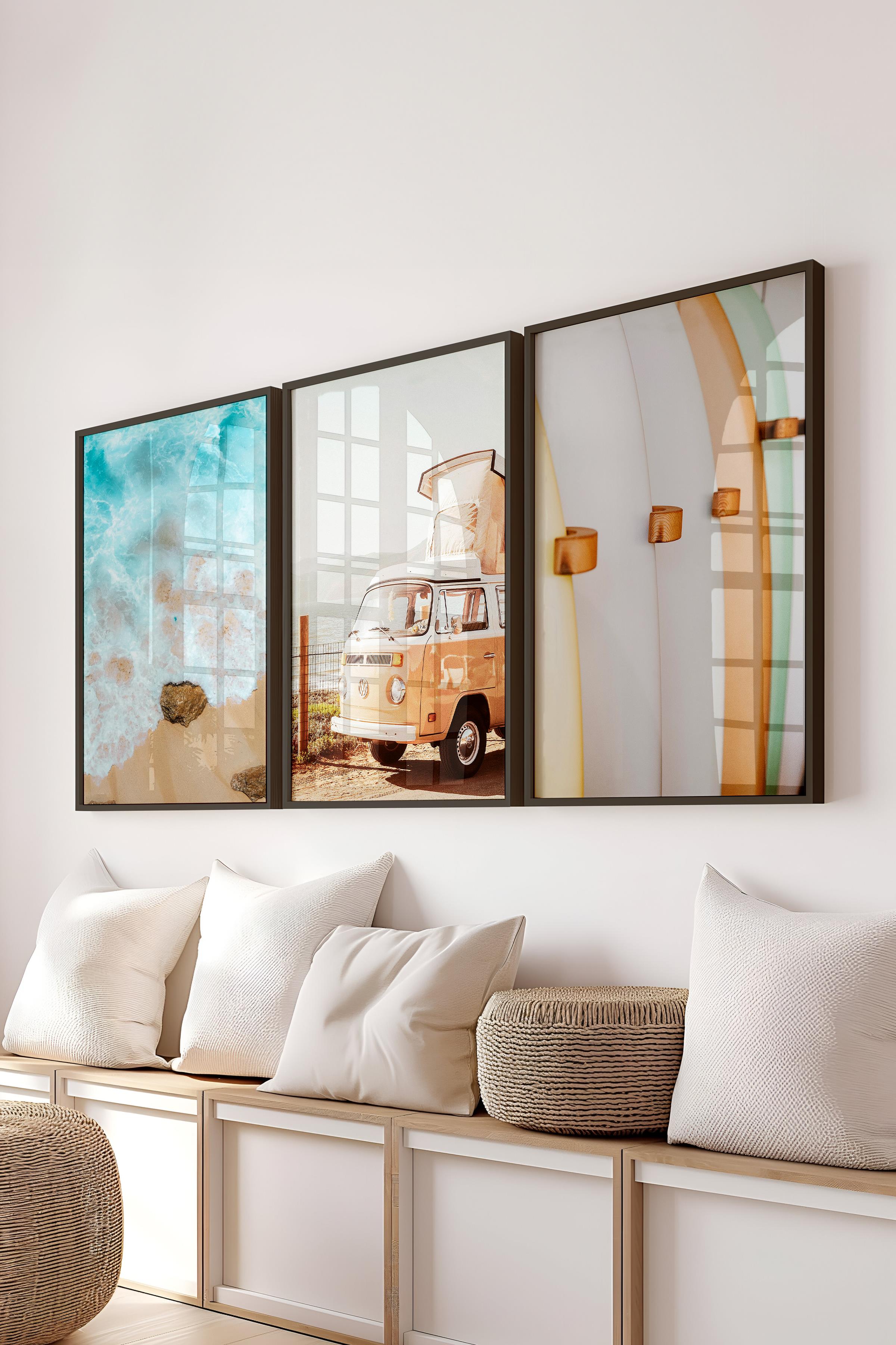 Yaz Temalı Tablo Seti, 3 Adet Siyah Çerçeve ve Mavi Poster - Yatak Odası, Mutfak, Salon Duvar Dekor