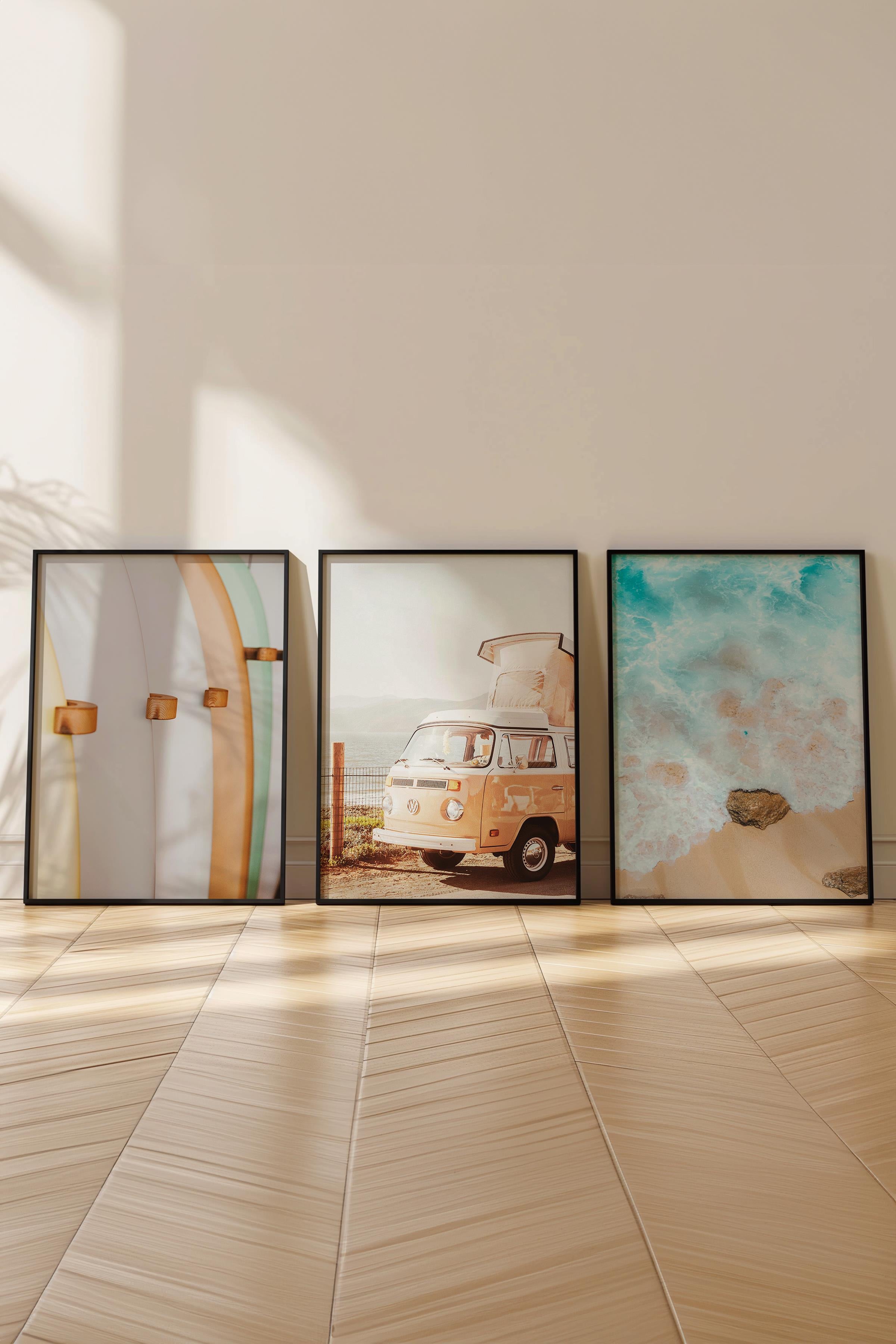 Yaz Temalı Tablo Seti, 3 Adet Siyah Çerçeve ve Mavi Poster - Yatak Odası, Mutfak, Salon Duvar Dekor