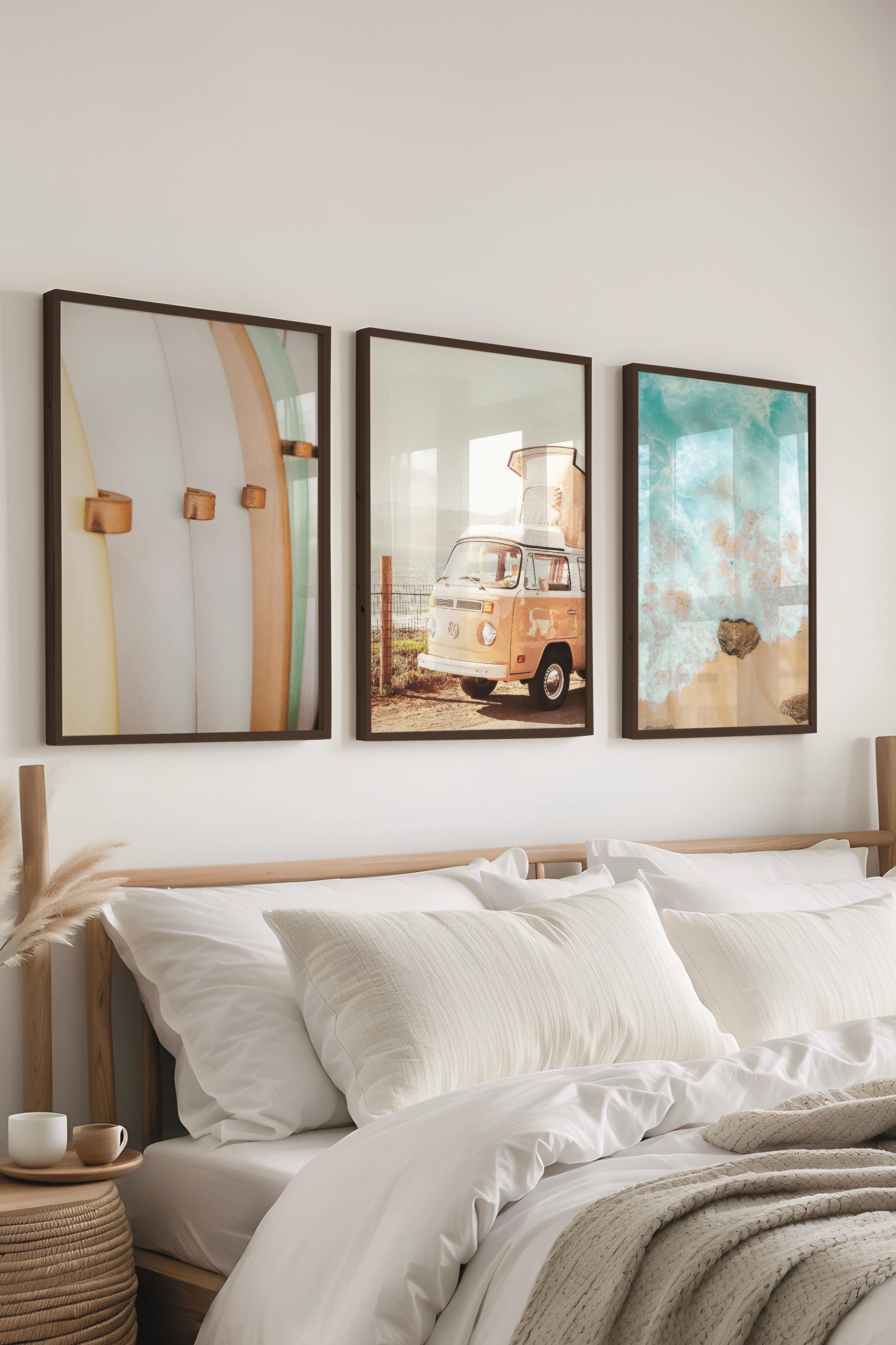 Yaz Temalı Tablo Seti, 3 Adet Siyah Çerçeve ve Mavi Poster - Yatak Odası, Mutfak, Salon Duvar Dekor