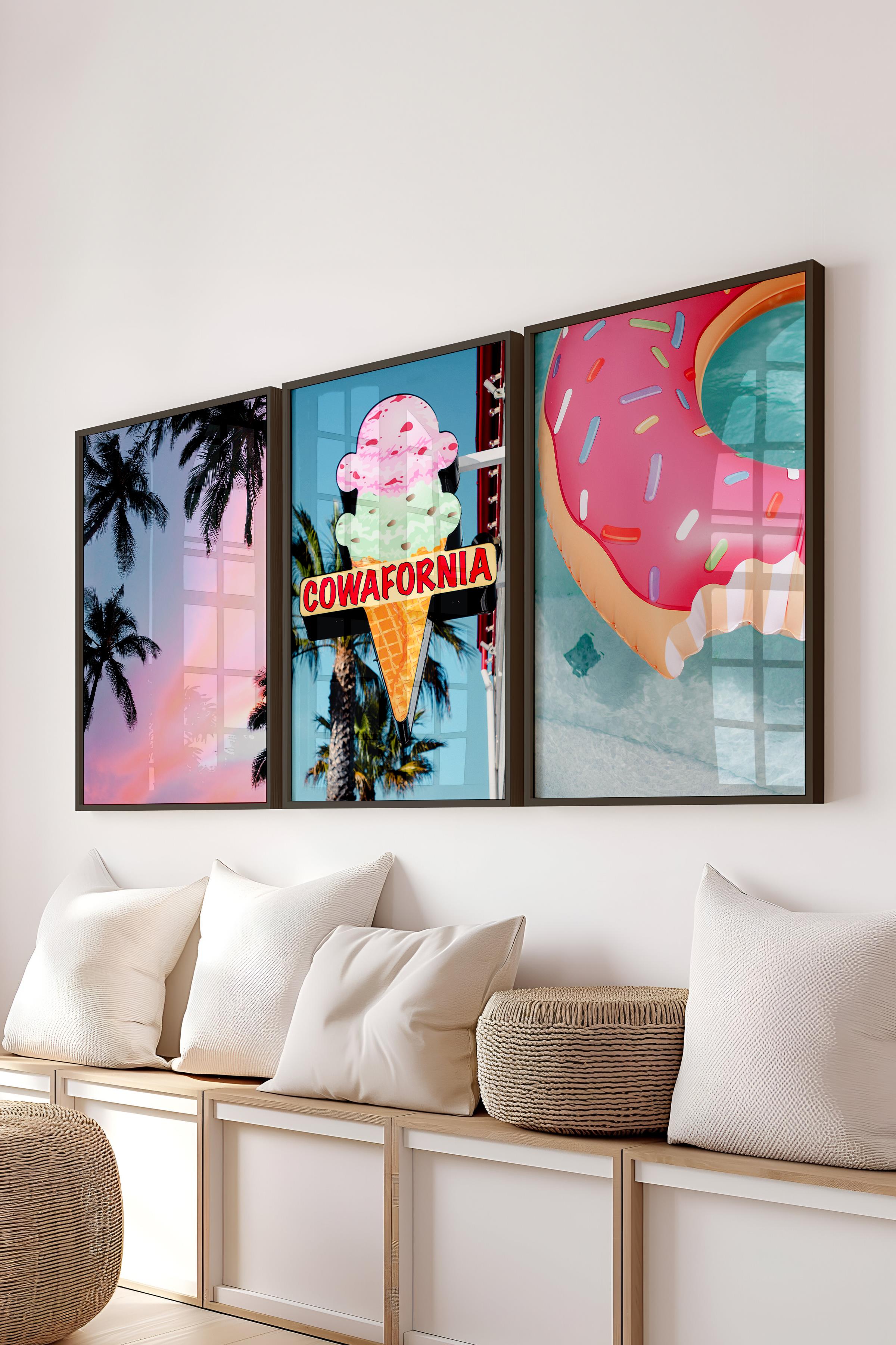 Yaz Temalı Pembe Tablo Seti, 3 Adet Siyah Çerçeve ve Poster - Yatak Odası, Mutfak, Salon Duvar Dekor